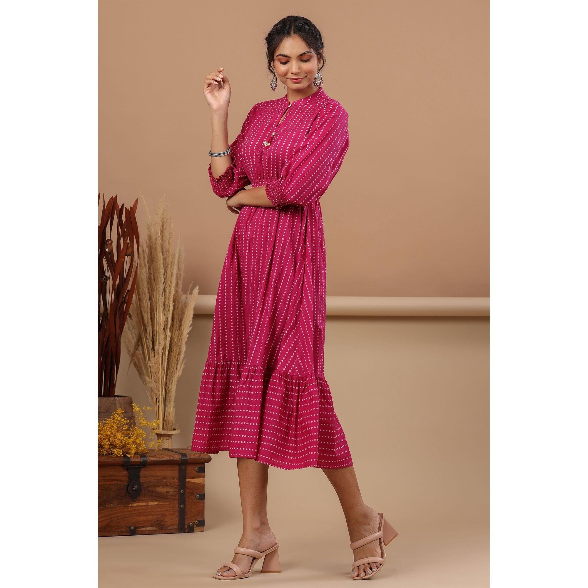 Purple Stripe Printed Pure Cotton Dress - Peachmode