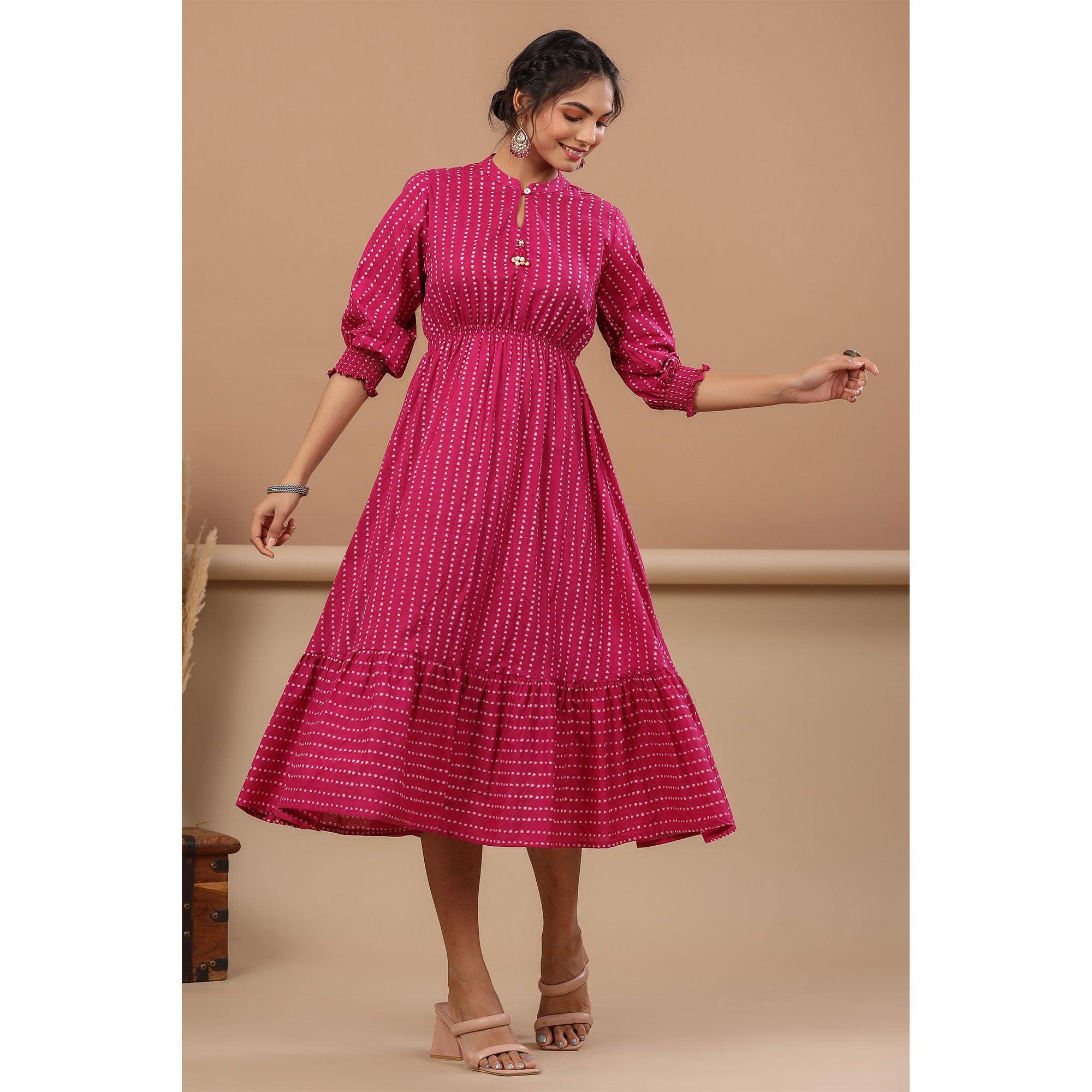 Purple Stripe Printed Pure Cotton Dress - Peachmode