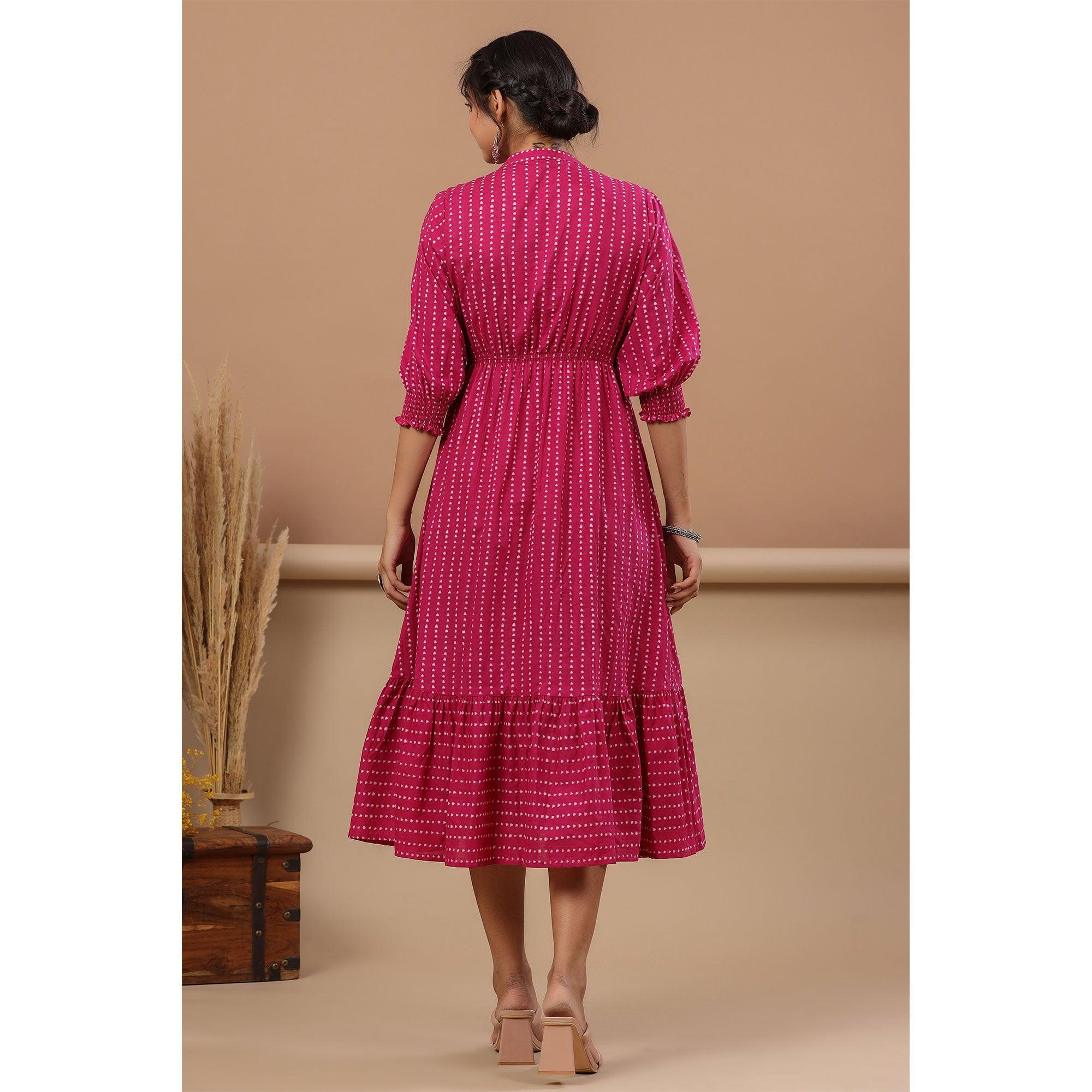 Purple Stripe Printed Pure Cotton Dress - Peachmode