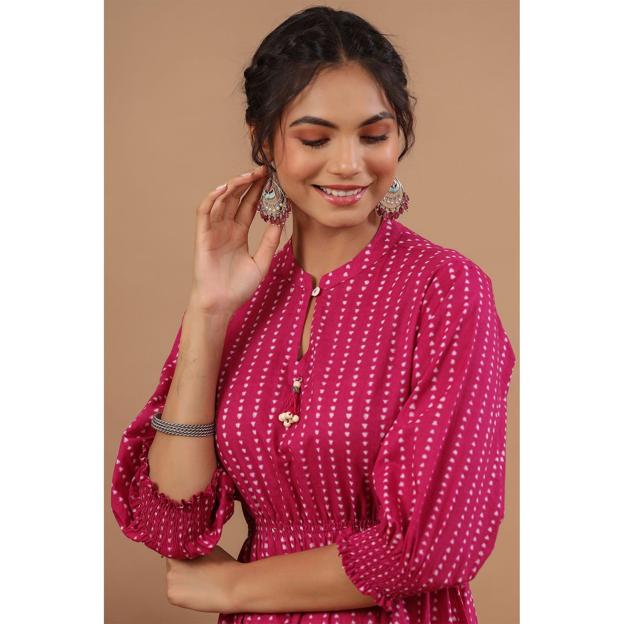 Purple Stripe Printed Pure Cotton Dress - Peachmode