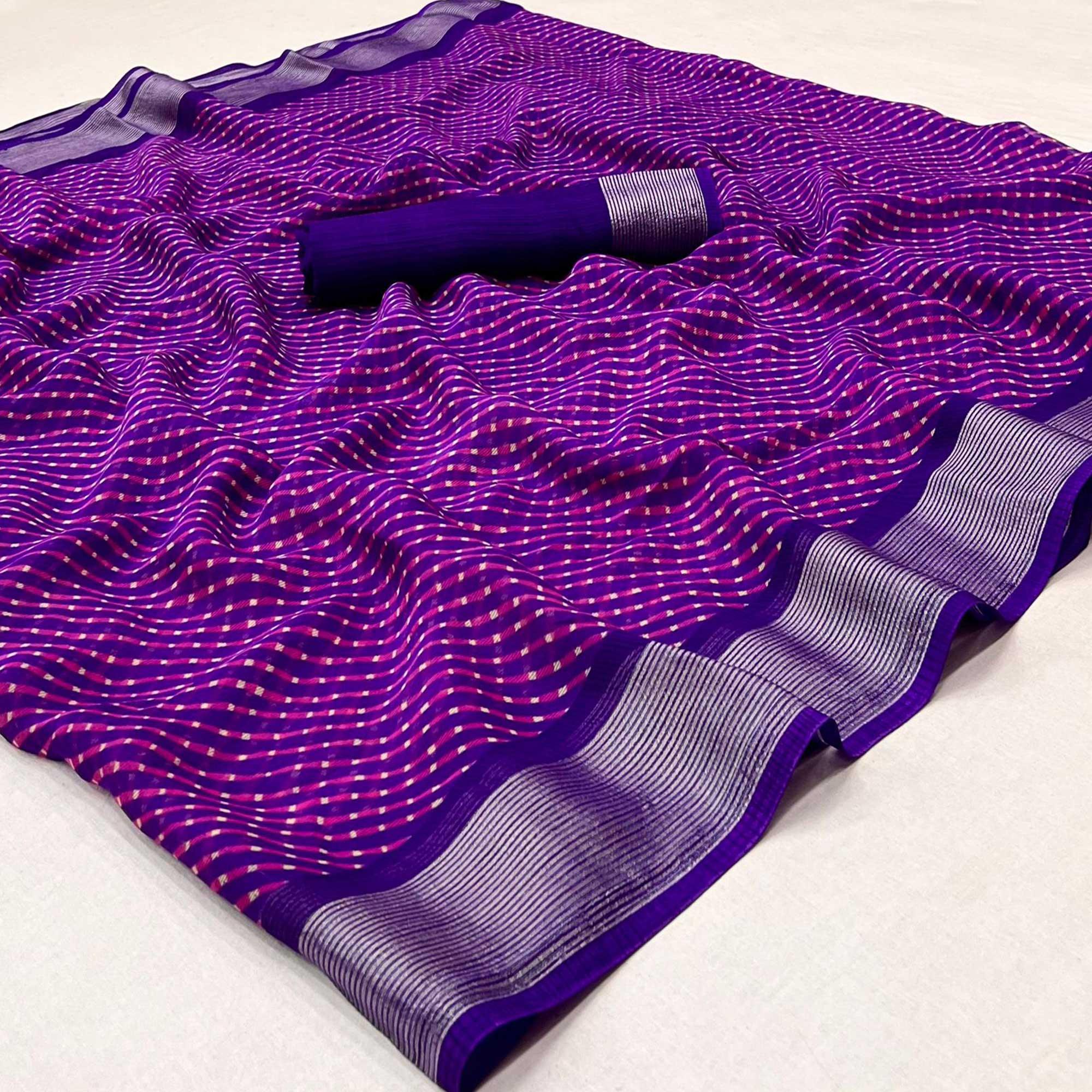 Purple Stripes Printed Chiffon Saree - Peachmode