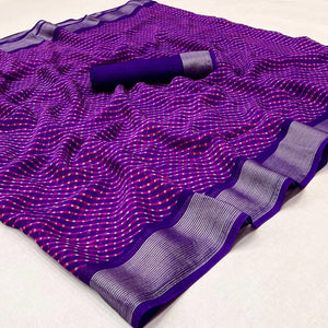 Purple Stripes Printed Chiffon Saree - Peachmode