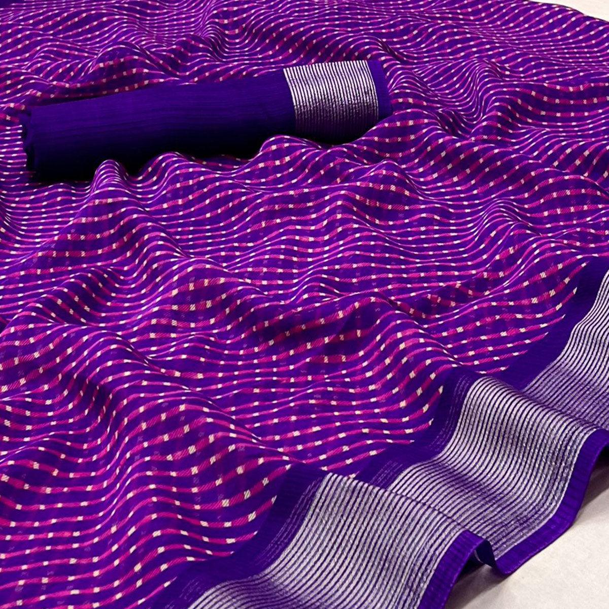 Purple Stripes Printed Chiffon Saree - Peachmode