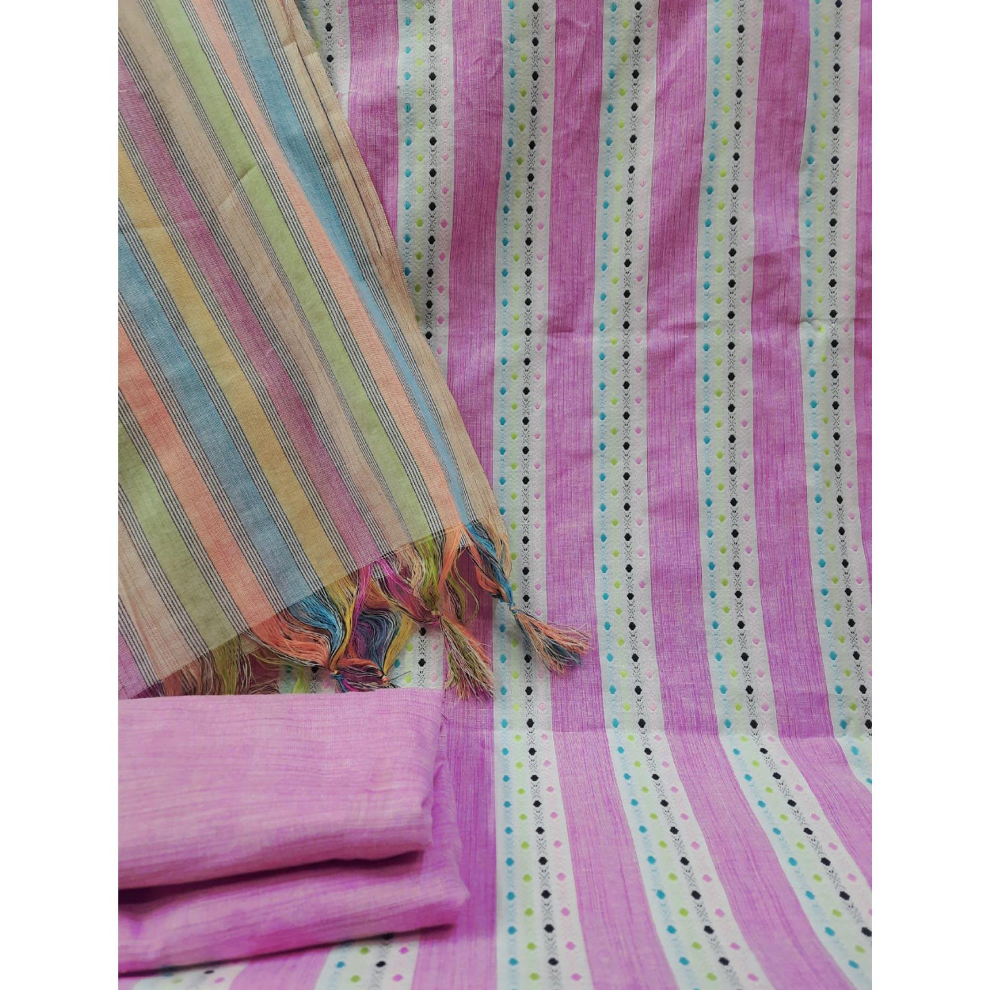 Purple Stripes Printed Cotton Blend Dress Material - Peachmode