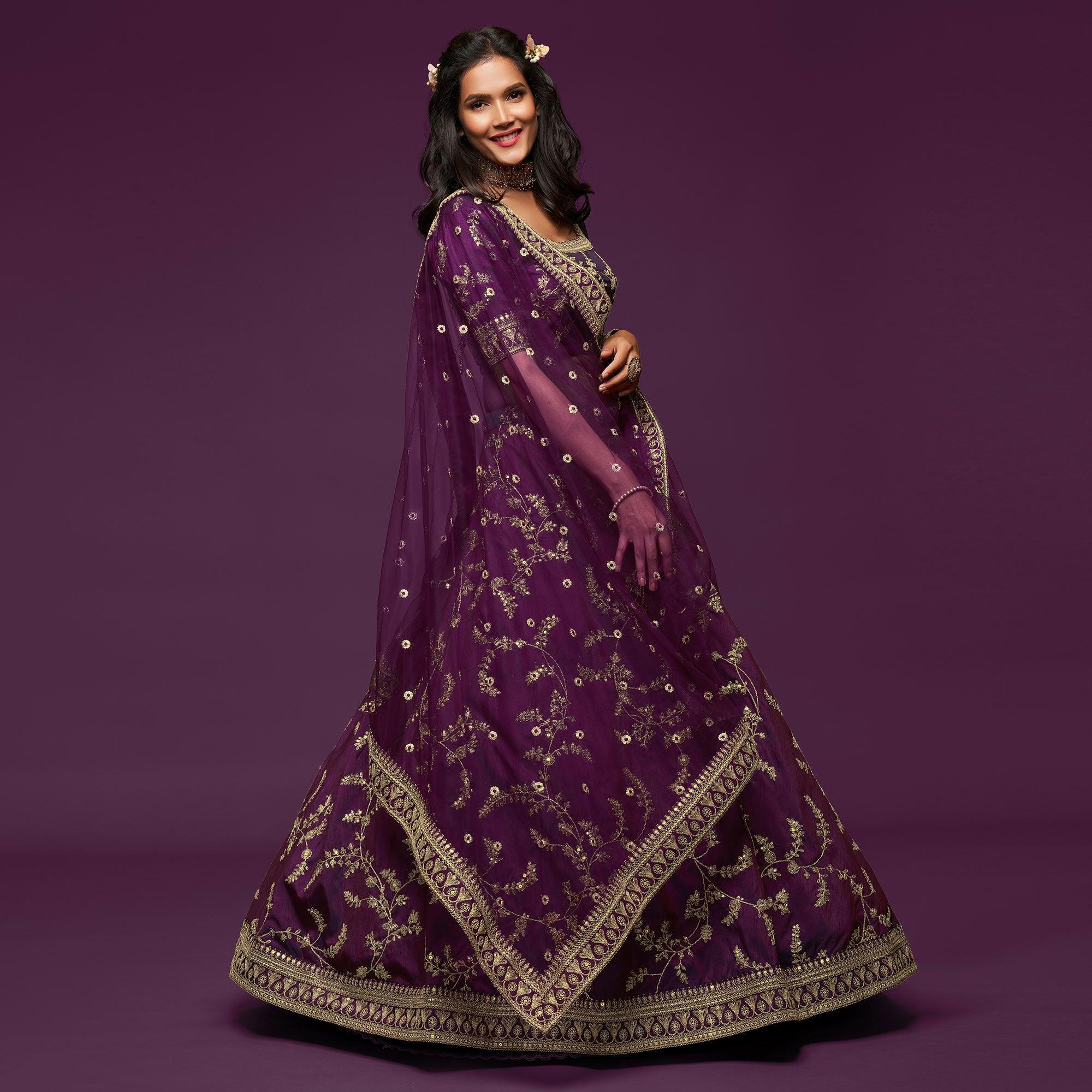 Purple Wedding Floral Sequins Embroidered Art Silk Lehenga Choli - Peachmode