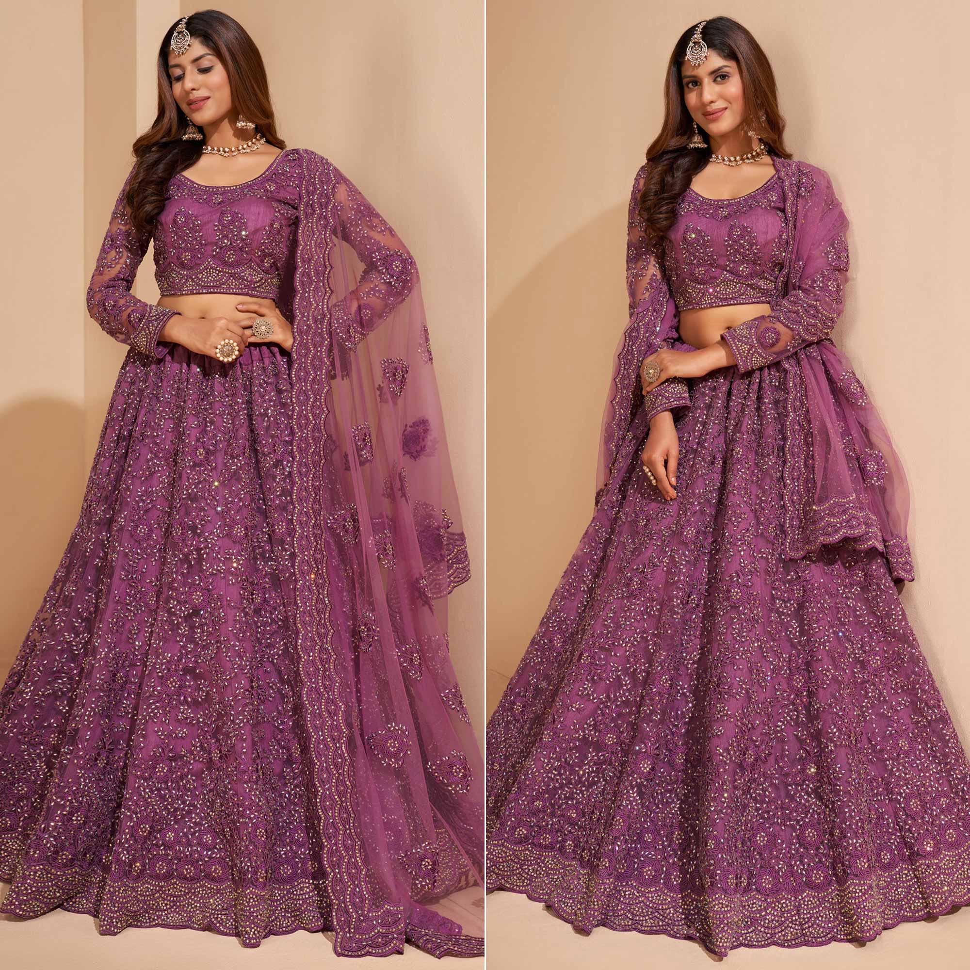 Purple Wedding Wear Embroidered With Embellished Net Lehenga Choli - Peachmode