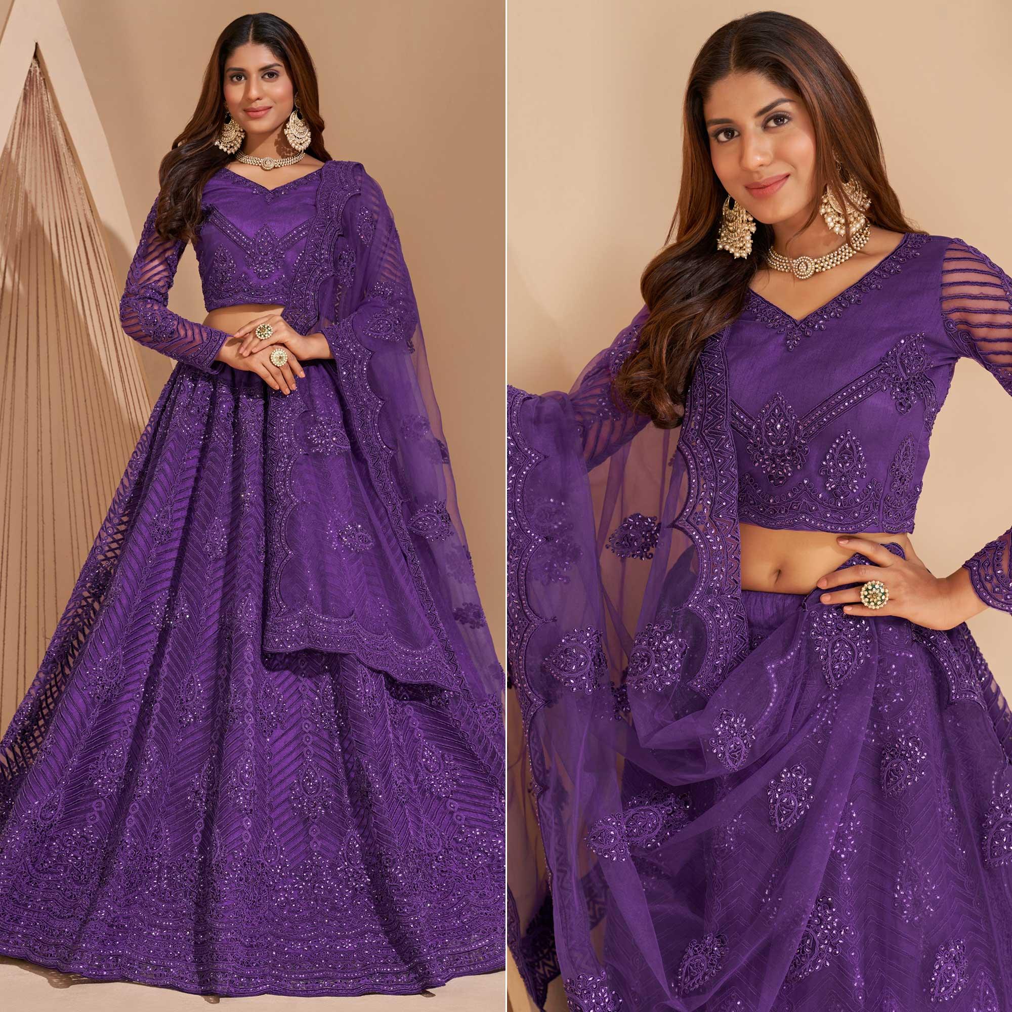 Purple Wedding Wear Embroidered With Embellished Net Lehenga Choli - Peachmode