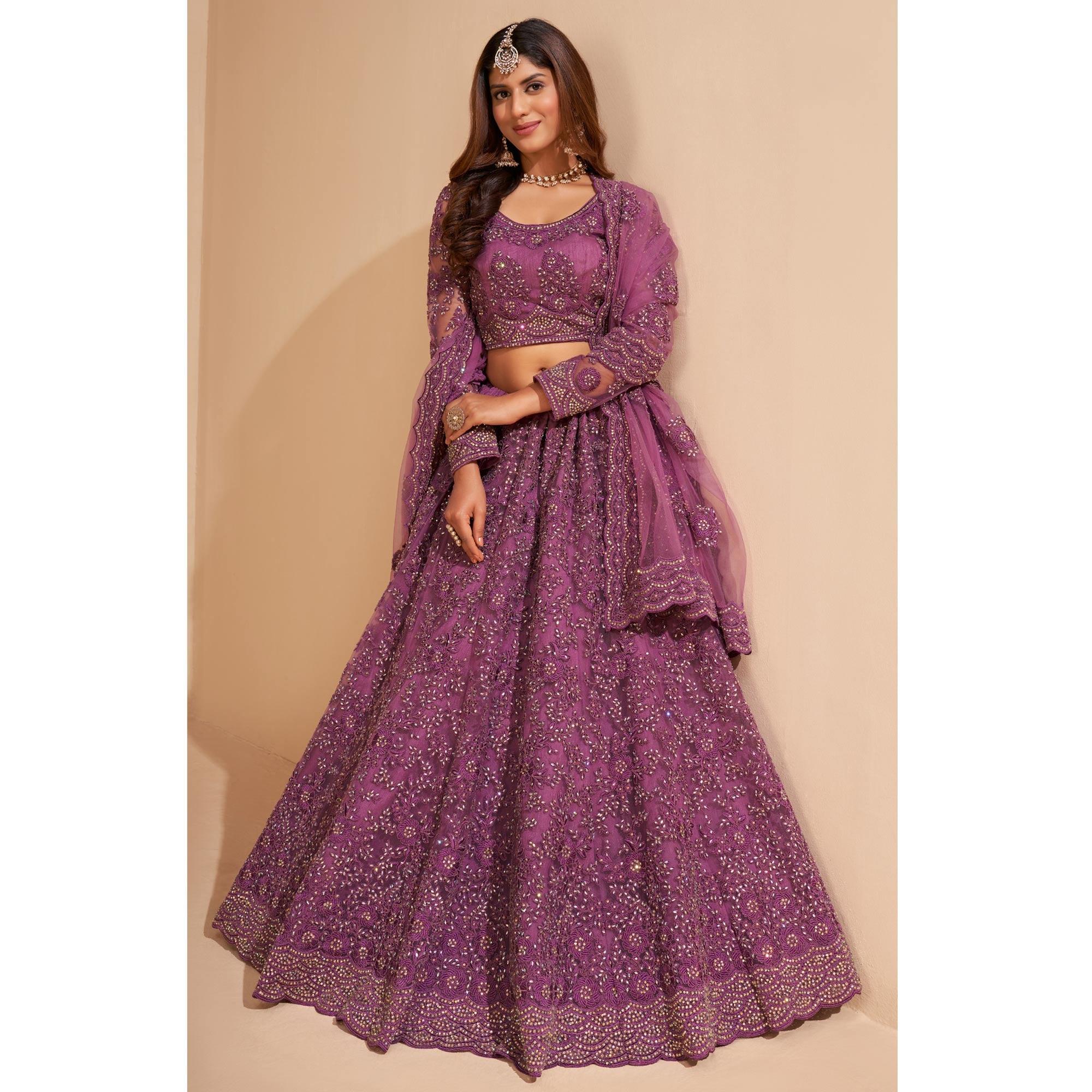 Purple Wedding Wear Embroidered With Embellished Net Lehenga Choli - Peachmode