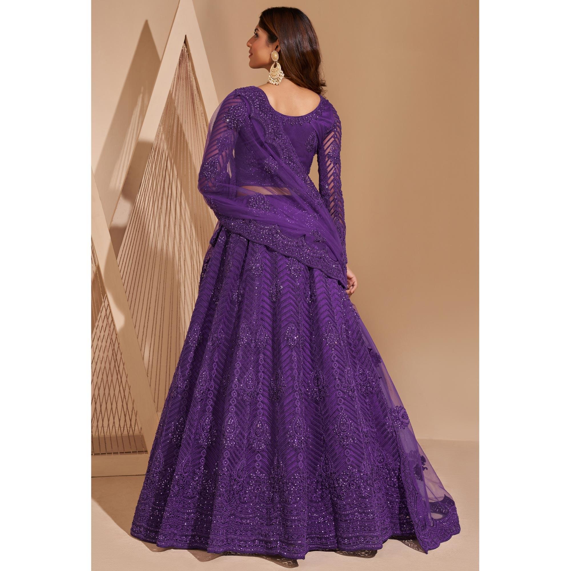 Purple Wedding Wear Embroidered With Embellished Net Lehenga Choli - Peachmode