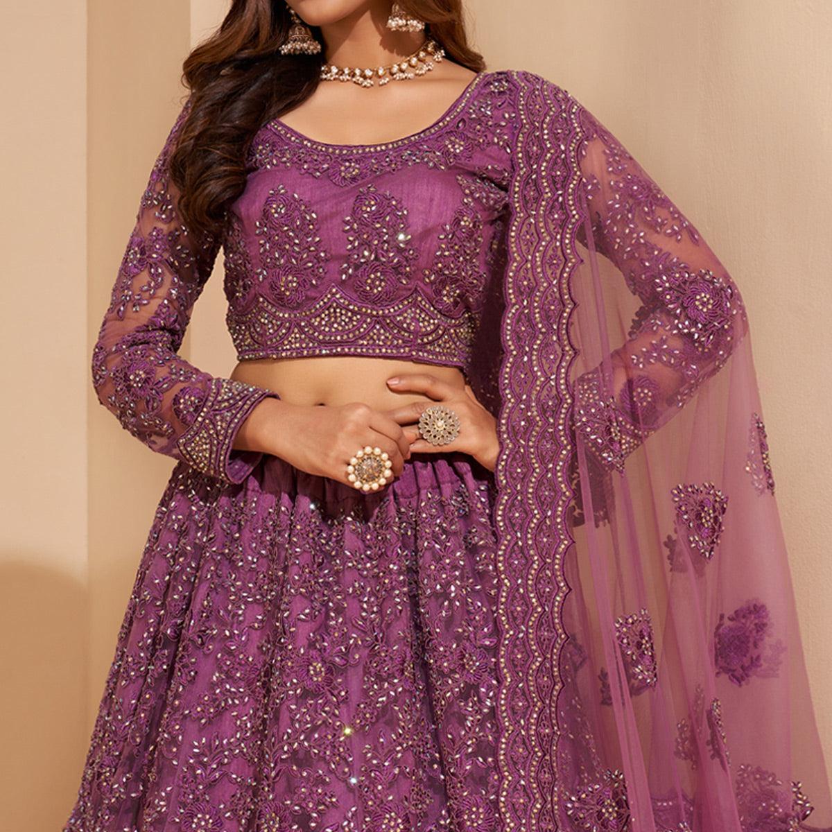 Purple Wedding Wear Embroidered With Embellished Net Lehenga Choli - Peachmode