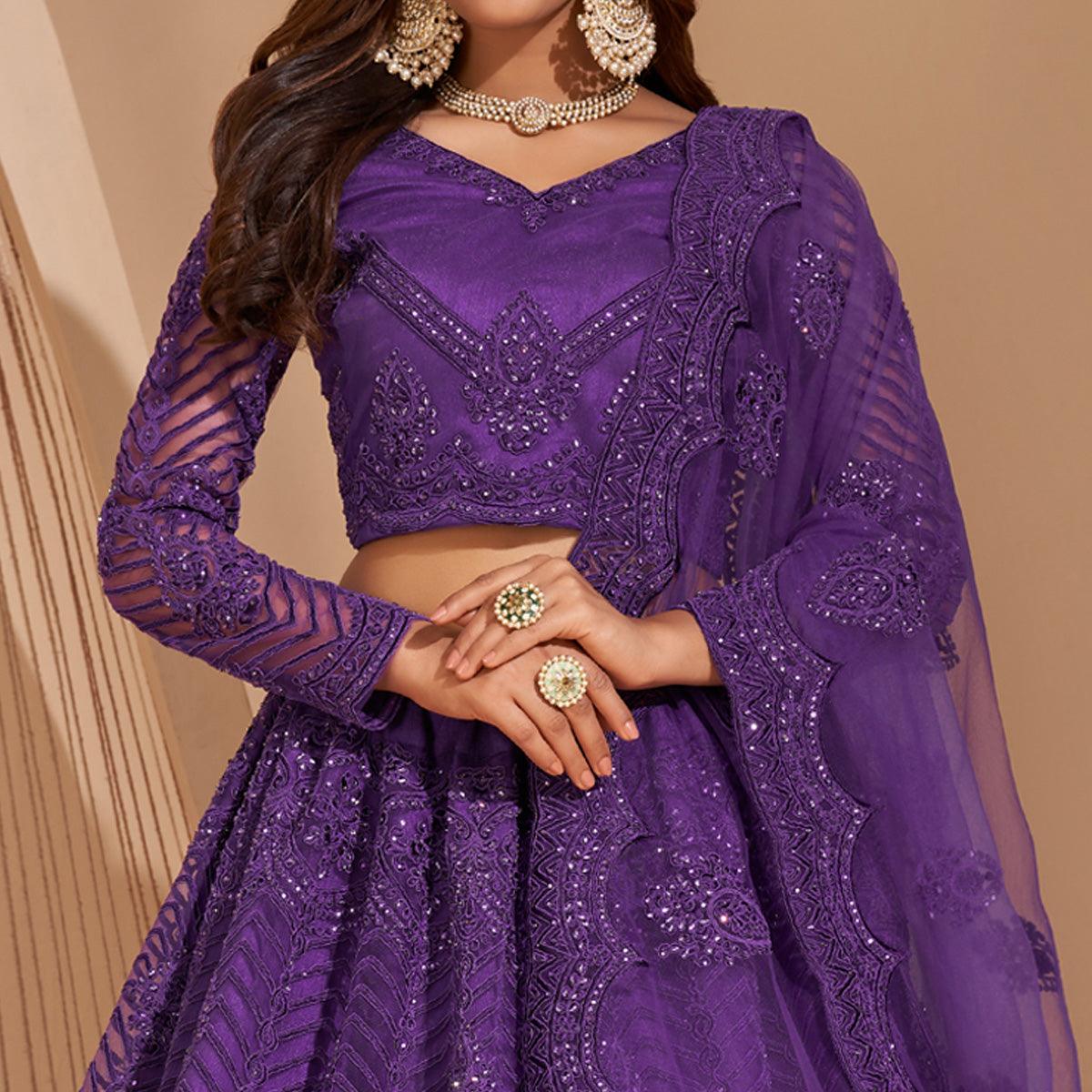 Purple Wedding Wear Embroidered With Embellished Net Lehenga Choli - Peachmode