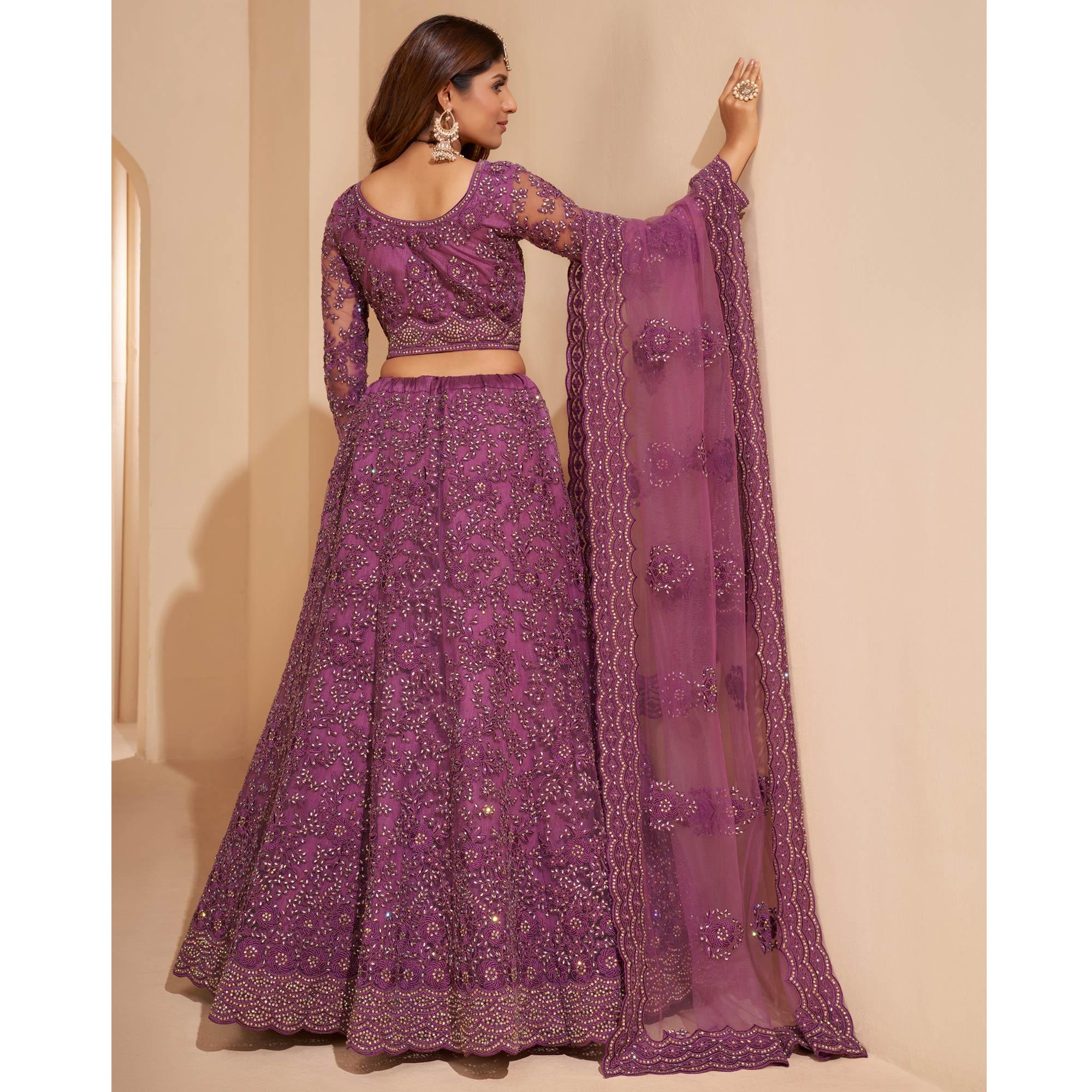 Purple Wedding Wear Embroidered With Embellished Net Lehenga Choli - Peachmode