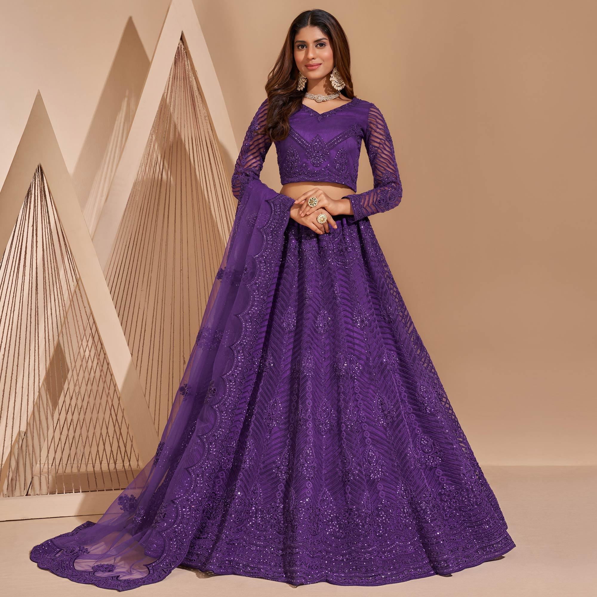 Purple Wedding Wear Embroidered With Embellished Net Lehenga Choli - Peachmode