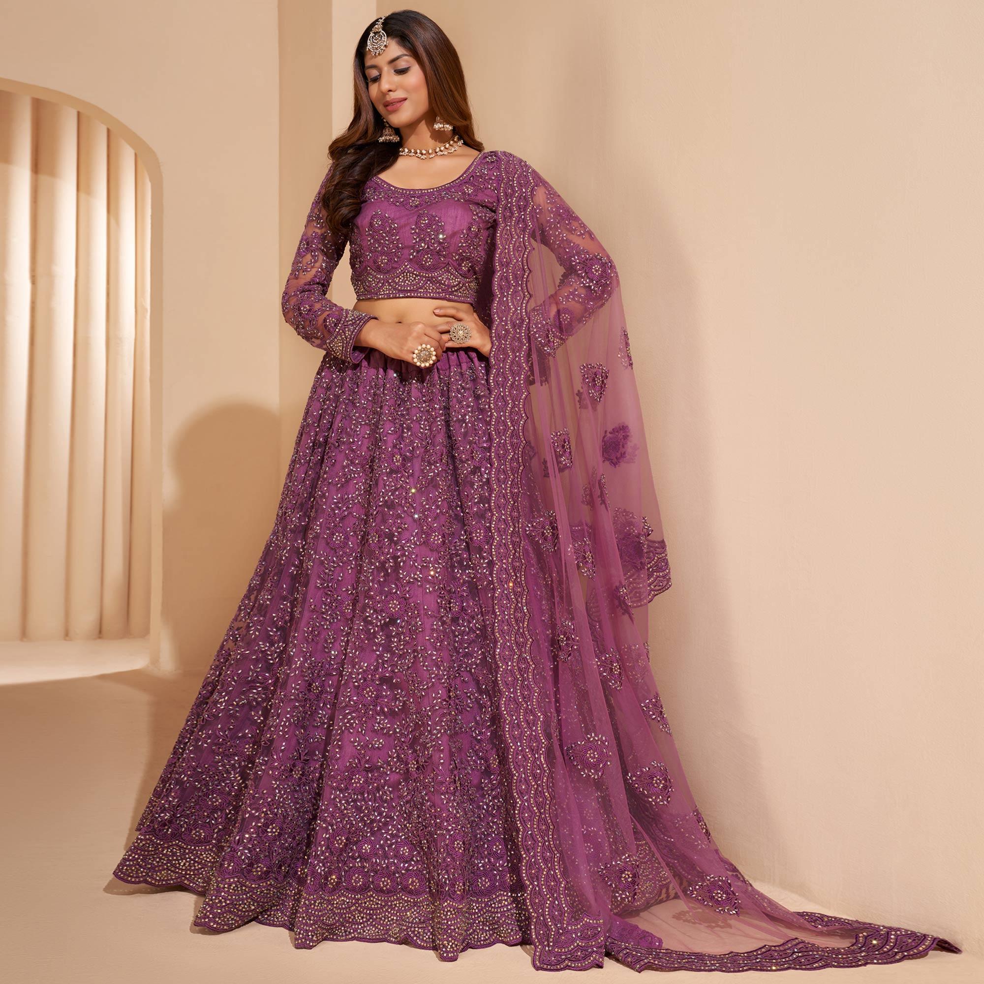 Purple Wedding Wear Embroidered With Embellished Net Lehenga Choli - Peachmode