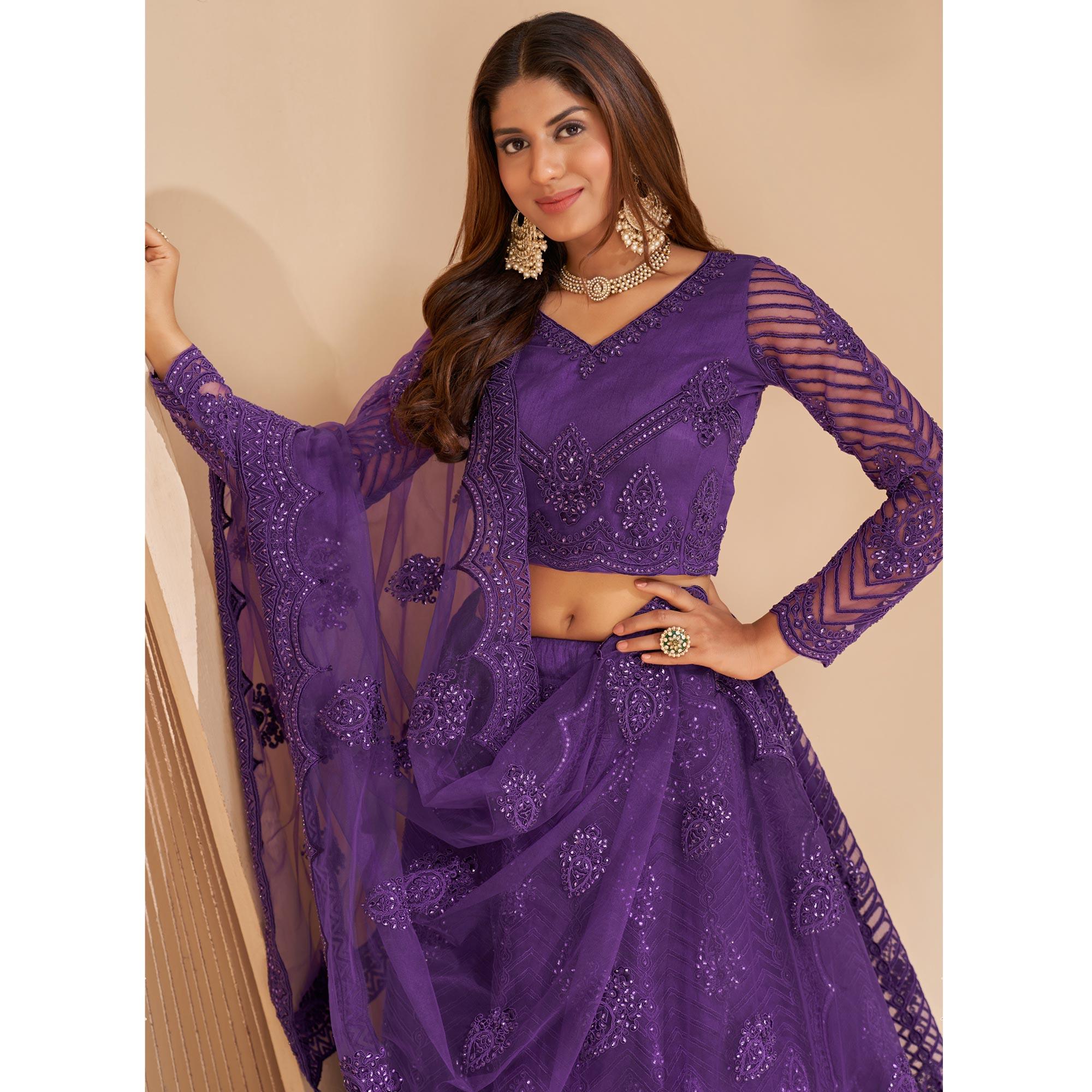 Purple Wedding Wear Embroidered With Embellished Net Lehenga Choli - Peachmode