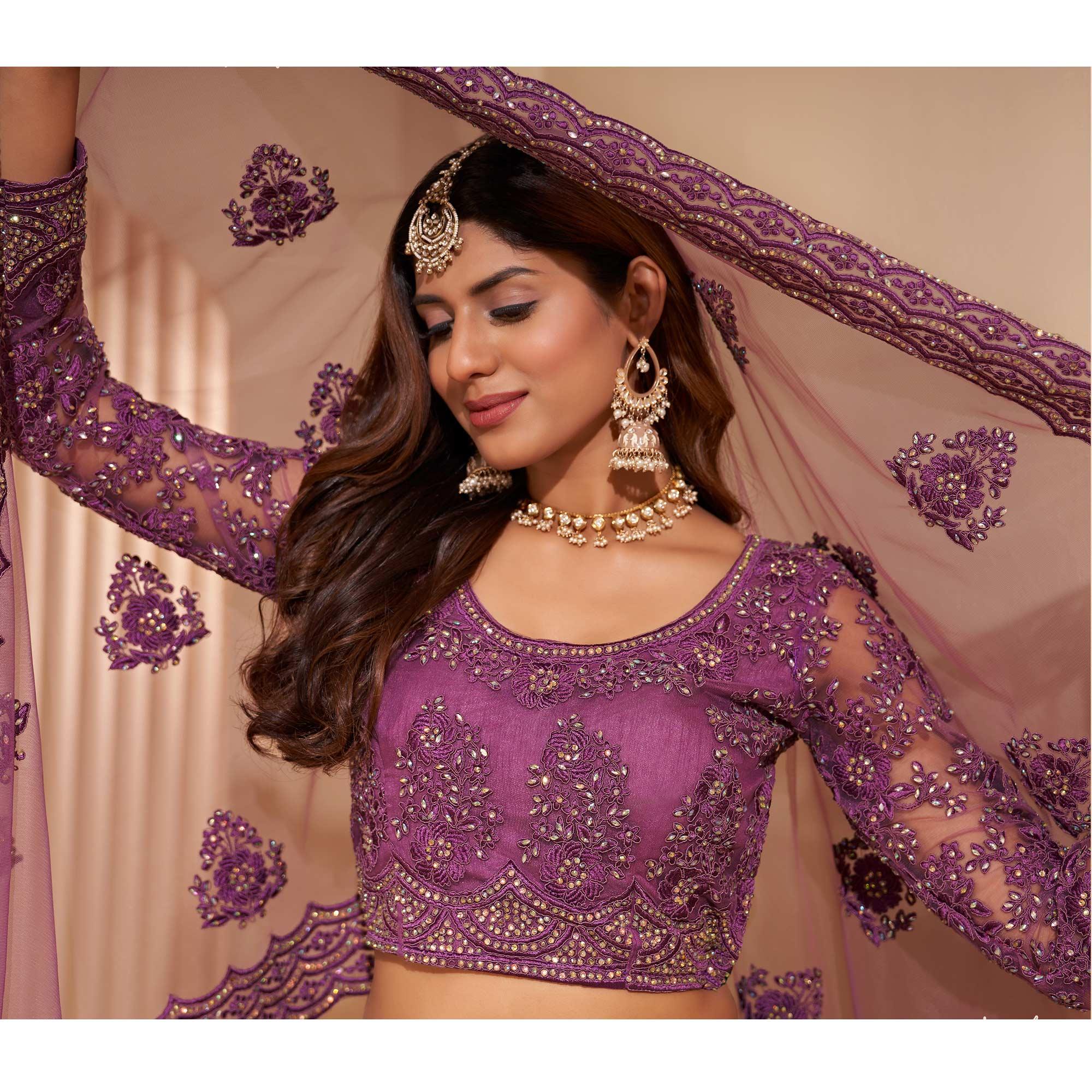 Purple Wedding Wear Embroidered With Embellished Net Lehenga Choli - Peachmode