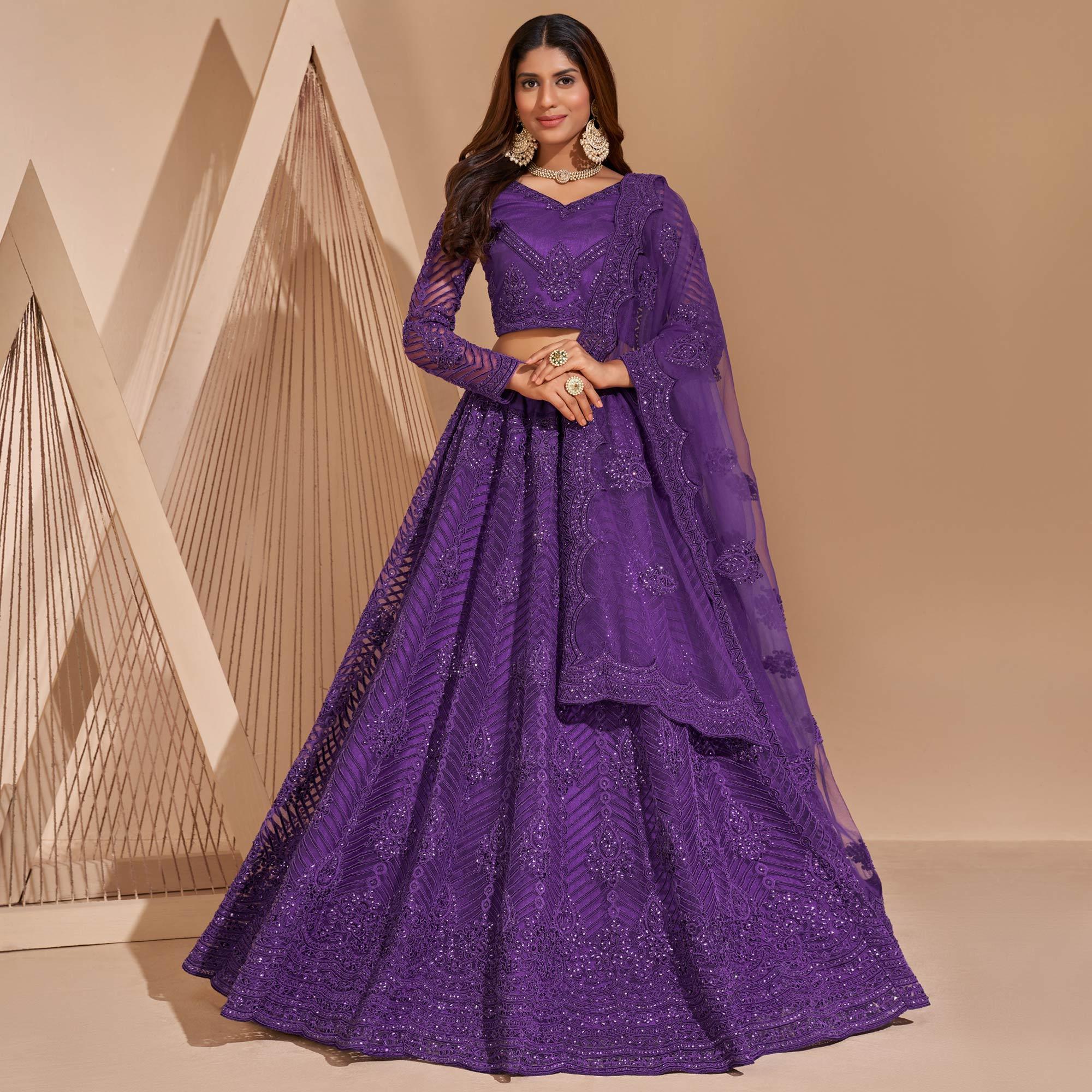 Purple Wedding Wear Embroidered With Embellished Net Lehenga Choli - Peachmode