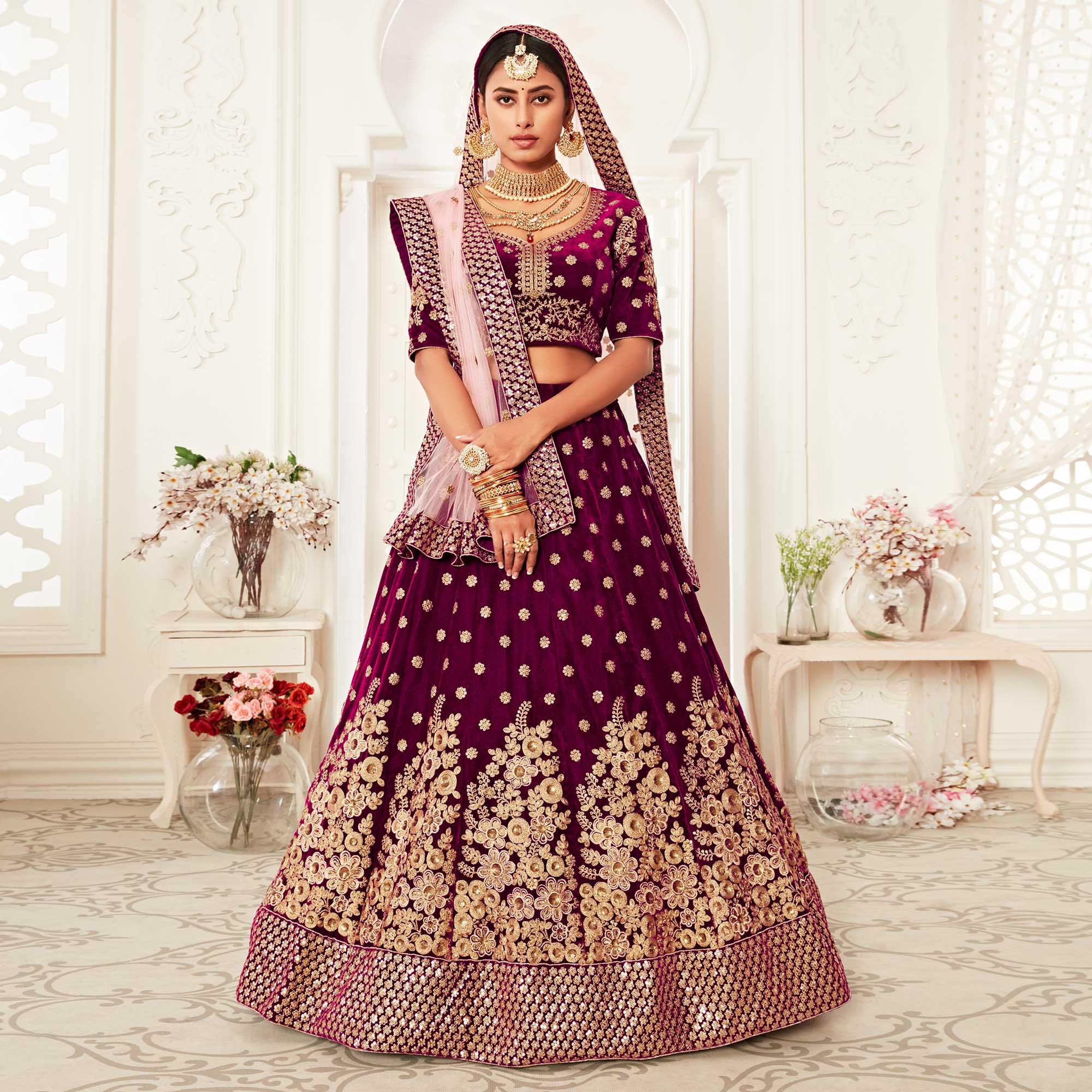 Purple Wedding Wear Floral Sequins Embroidered Velvet Lehenga Choli - Peachmode