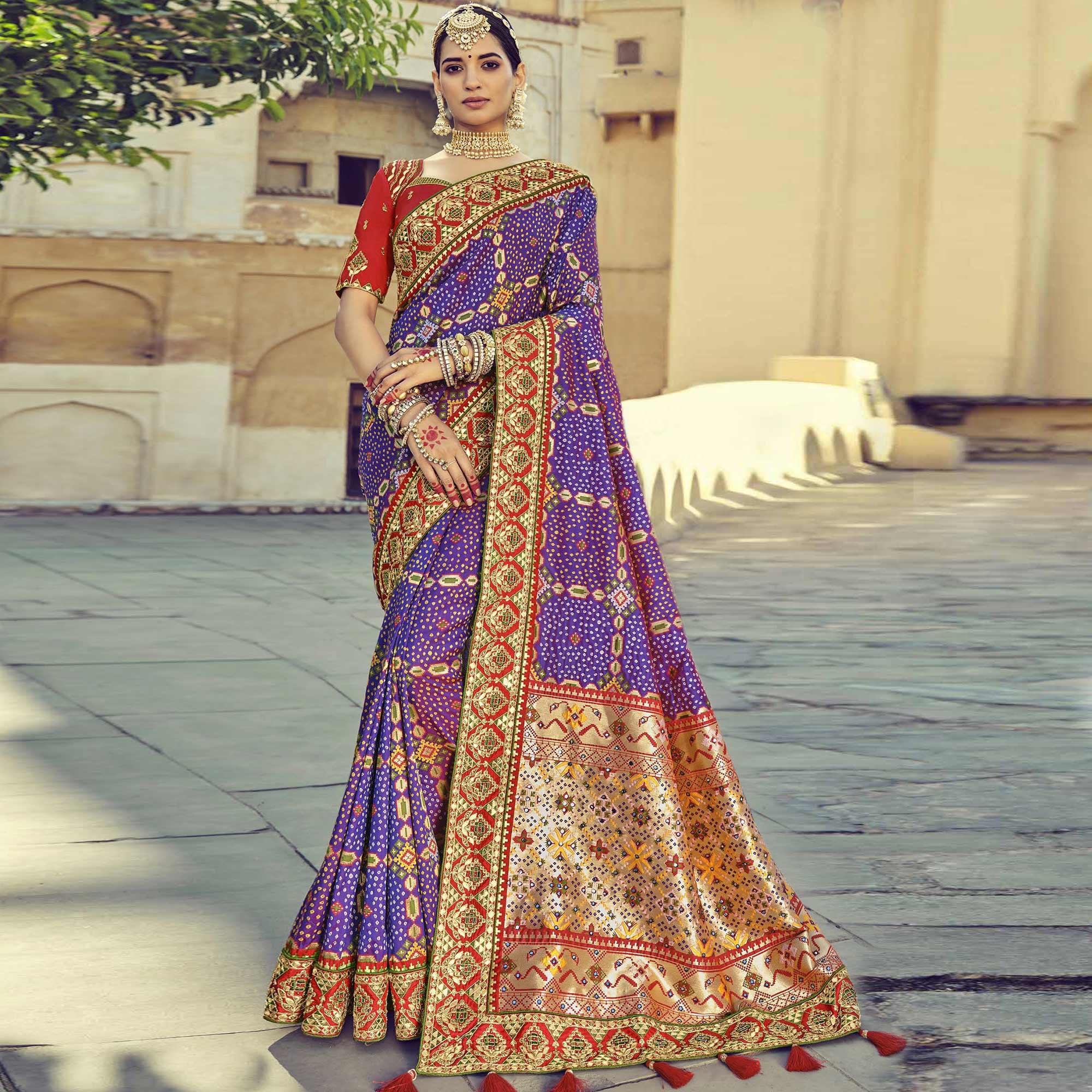 Purple Wedding Wear Resham With Embellished Silk Bhandhani Patola Saree - Peachmode