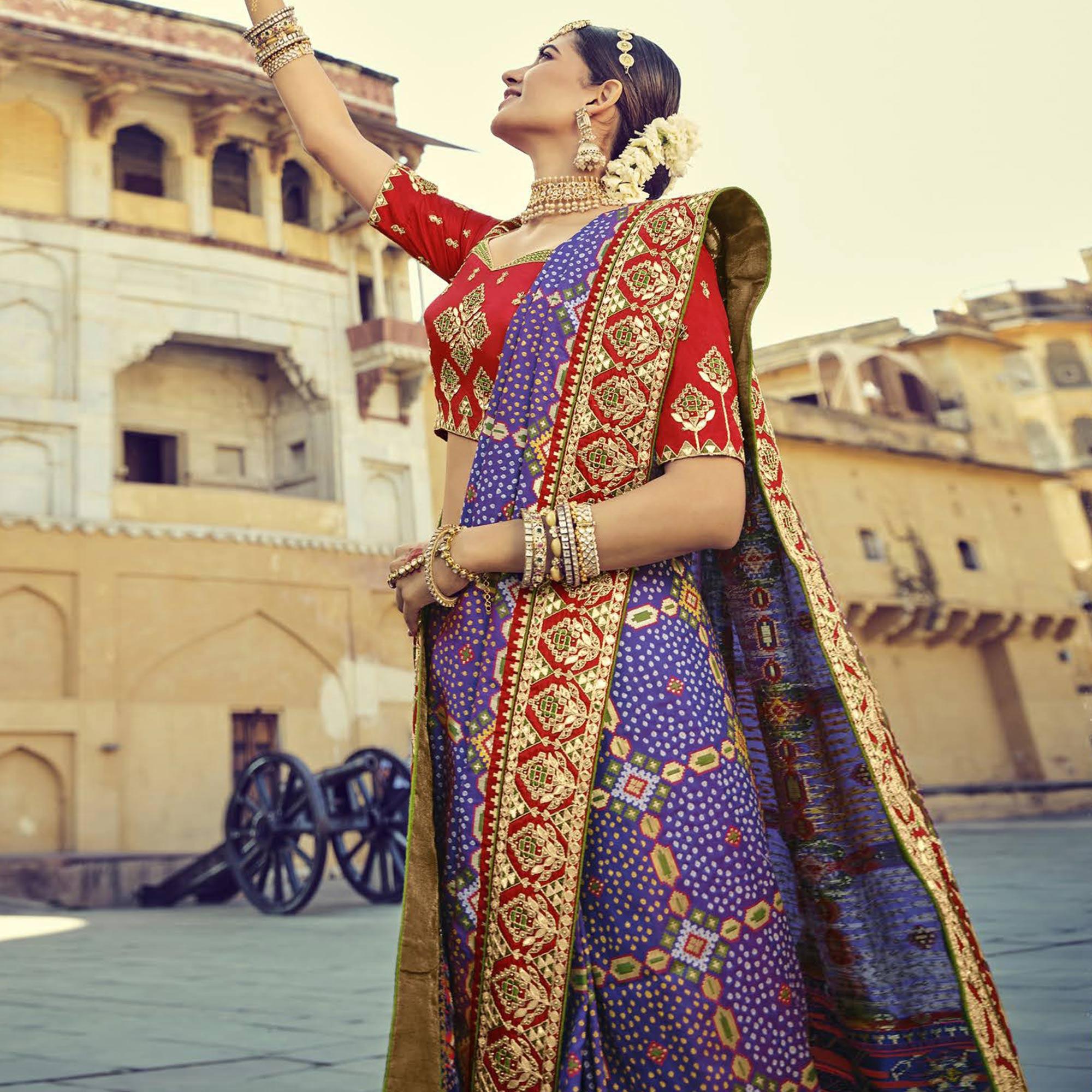 Purple Wedding Wear Resham With Embellished Silk Bhandhani Patola Saree - Peachmode