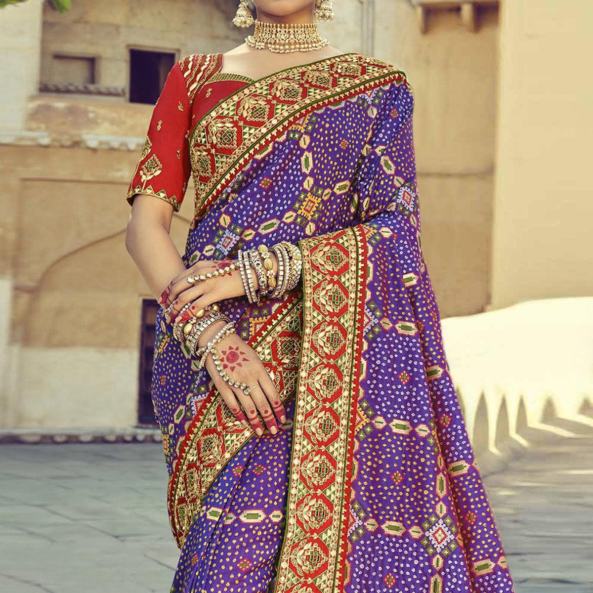Purple Wedding Wear Resham With Embellished Silk Bhandhani Patola Saree - Peachmode