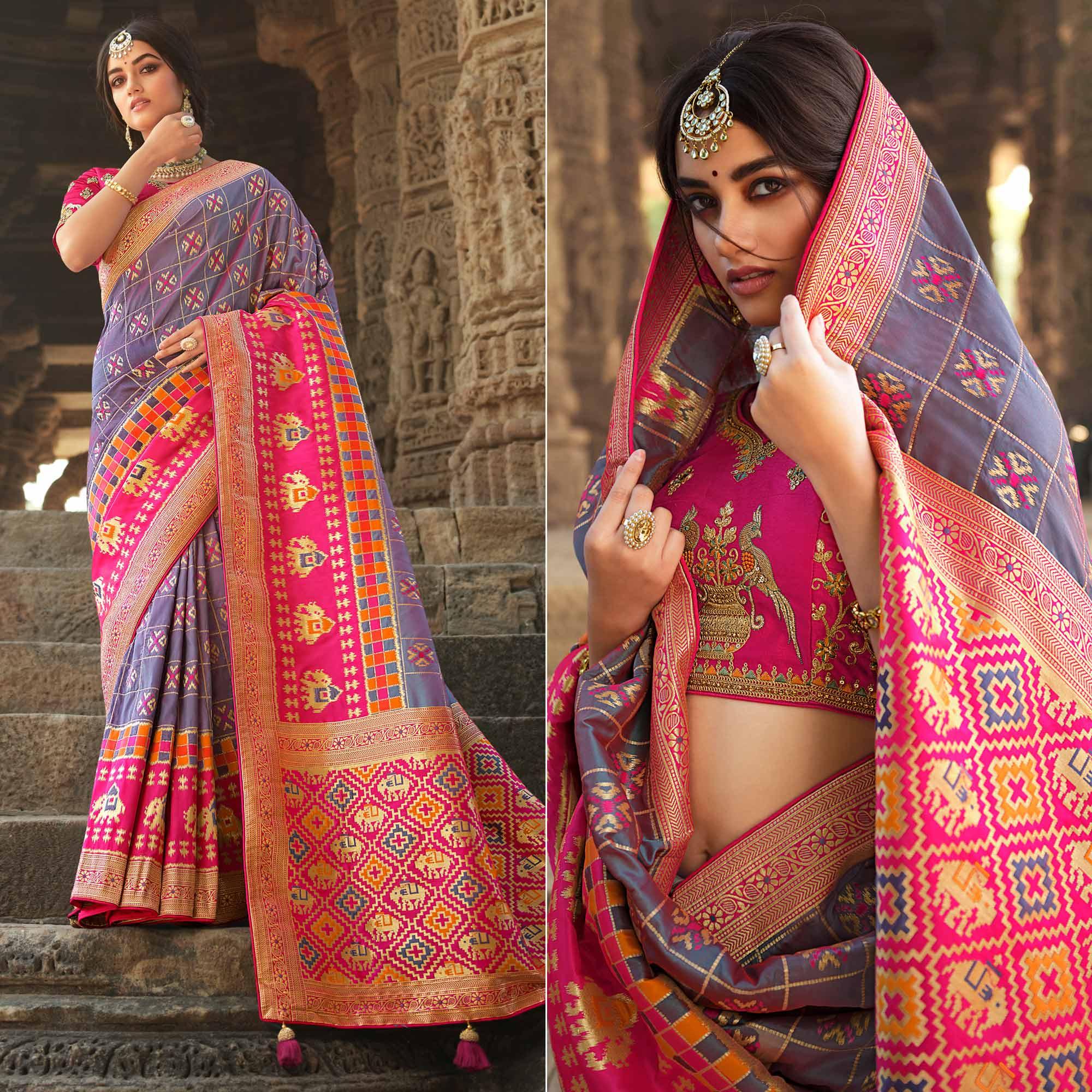 Purple Wedding Wear Woven Silk Saree With Tassels - Peachmode