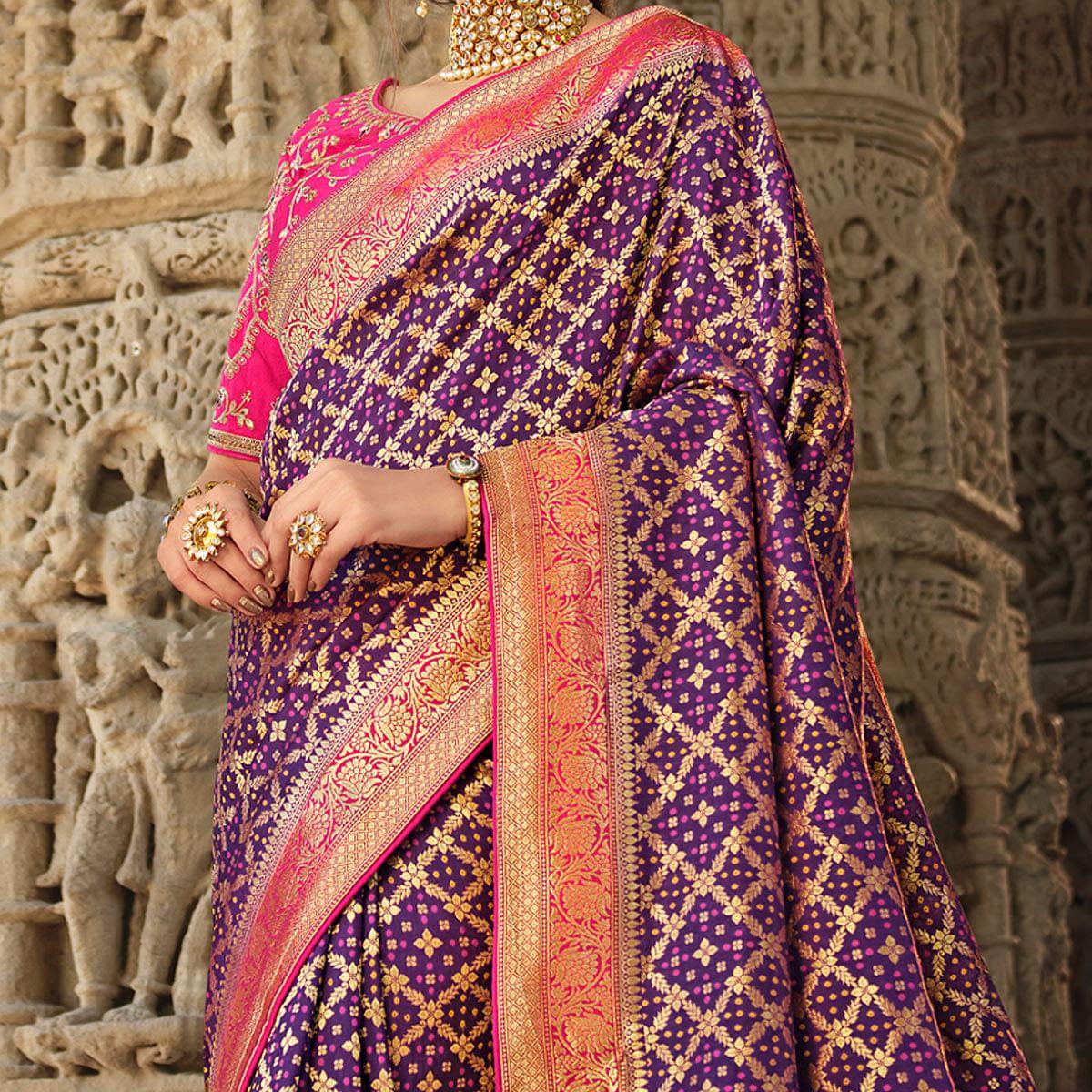 Purple Wedding Wear Woven Silk Saree With Tassels - Peachmode