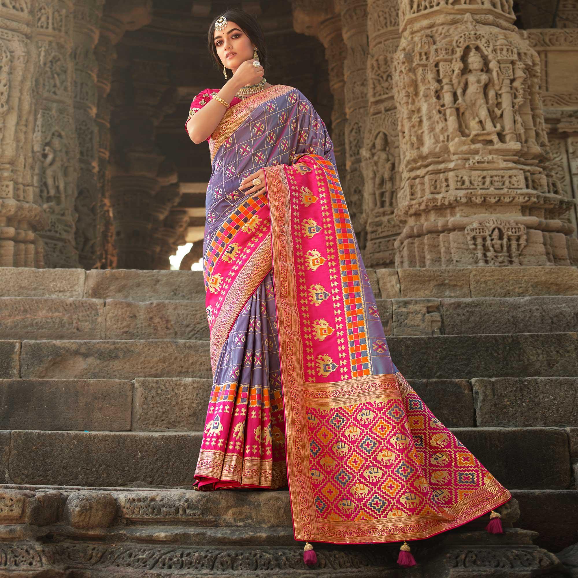 Purple Wedding Wear Woven Silk Saree With Tassels - Peachmode