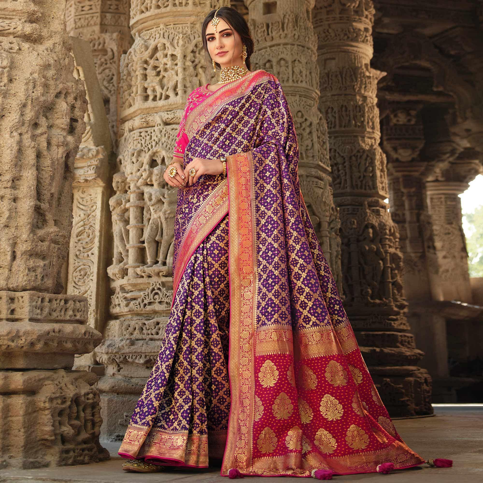 Purple Wedding Wear Woven Silk Saree With Tassels - Peachmode