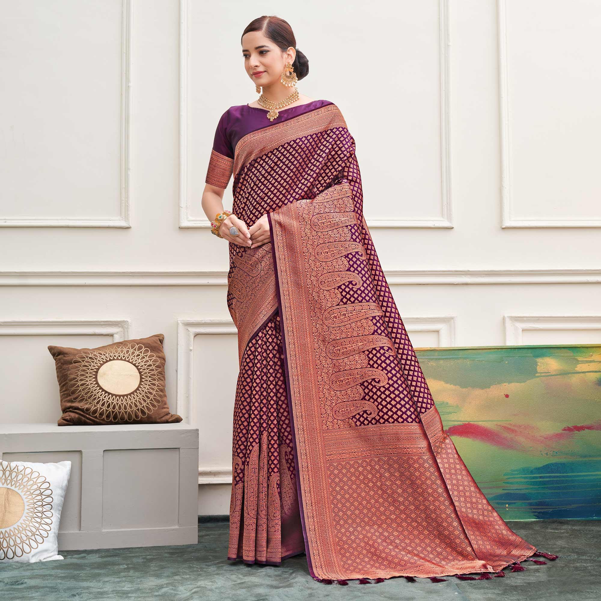 Purple Woven Art Silk Saree - Peachmode