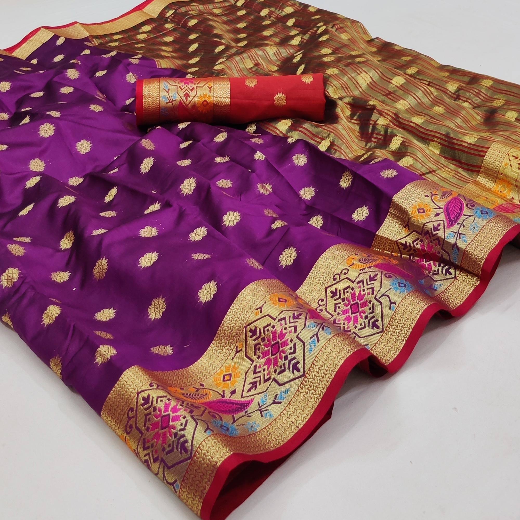Purple Woven Art Silk Saree - Peachmode