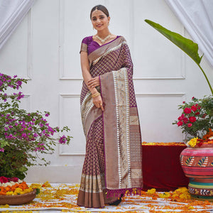 Purple Woven Art Silk Saree - Peachmode