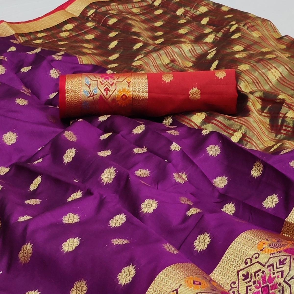 Purple Woven Art Silk Saree - Peachmode