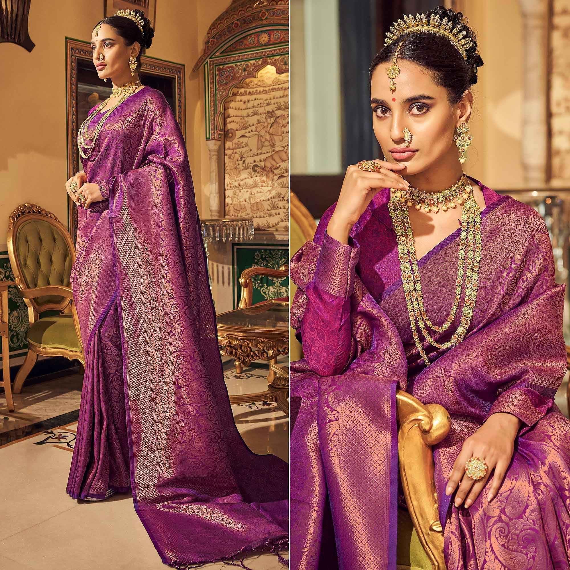 Purple Woven Art Silk Saree With Tassels - Peachmode