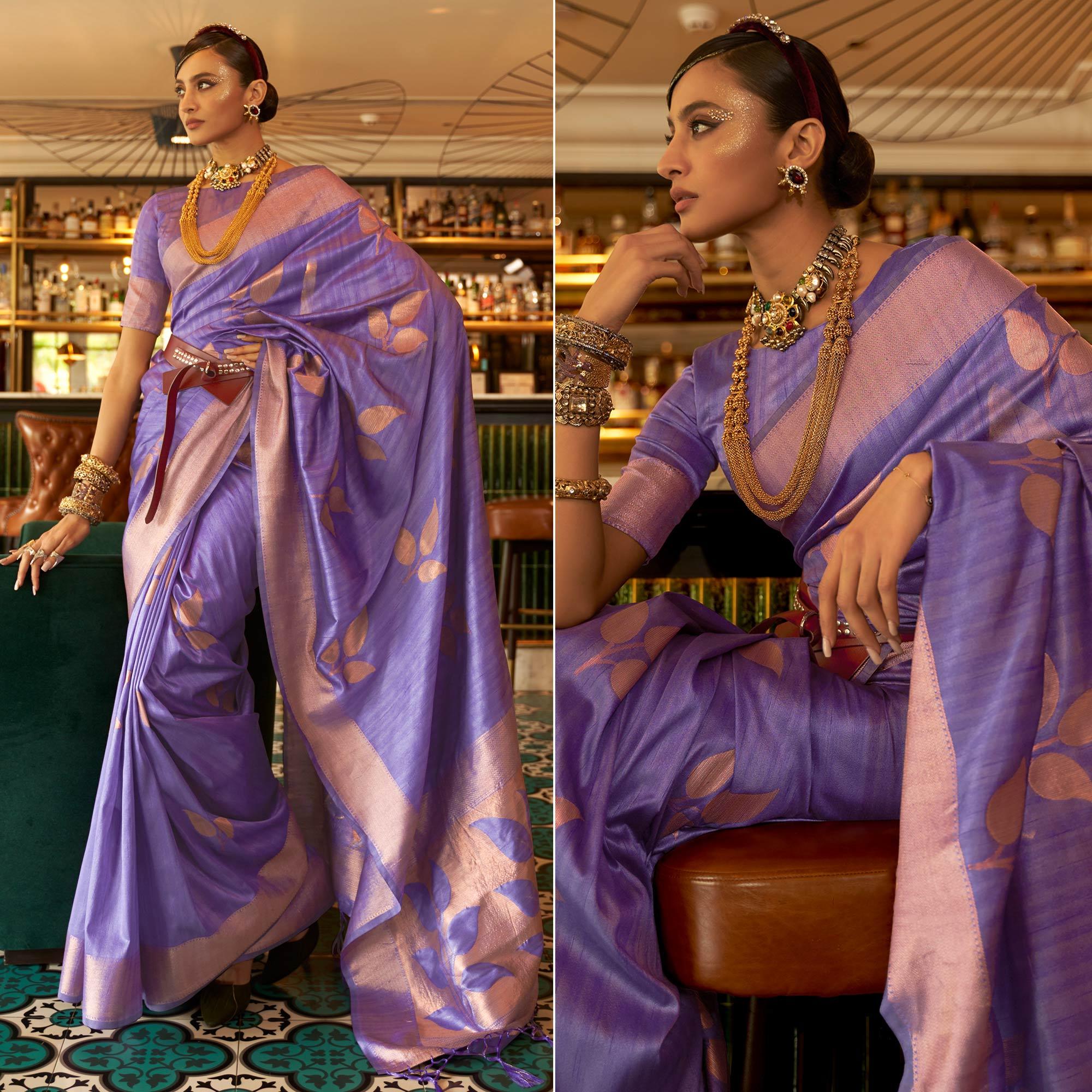 Purple Woven Art Silk Saree With Tassels - Peachmode
