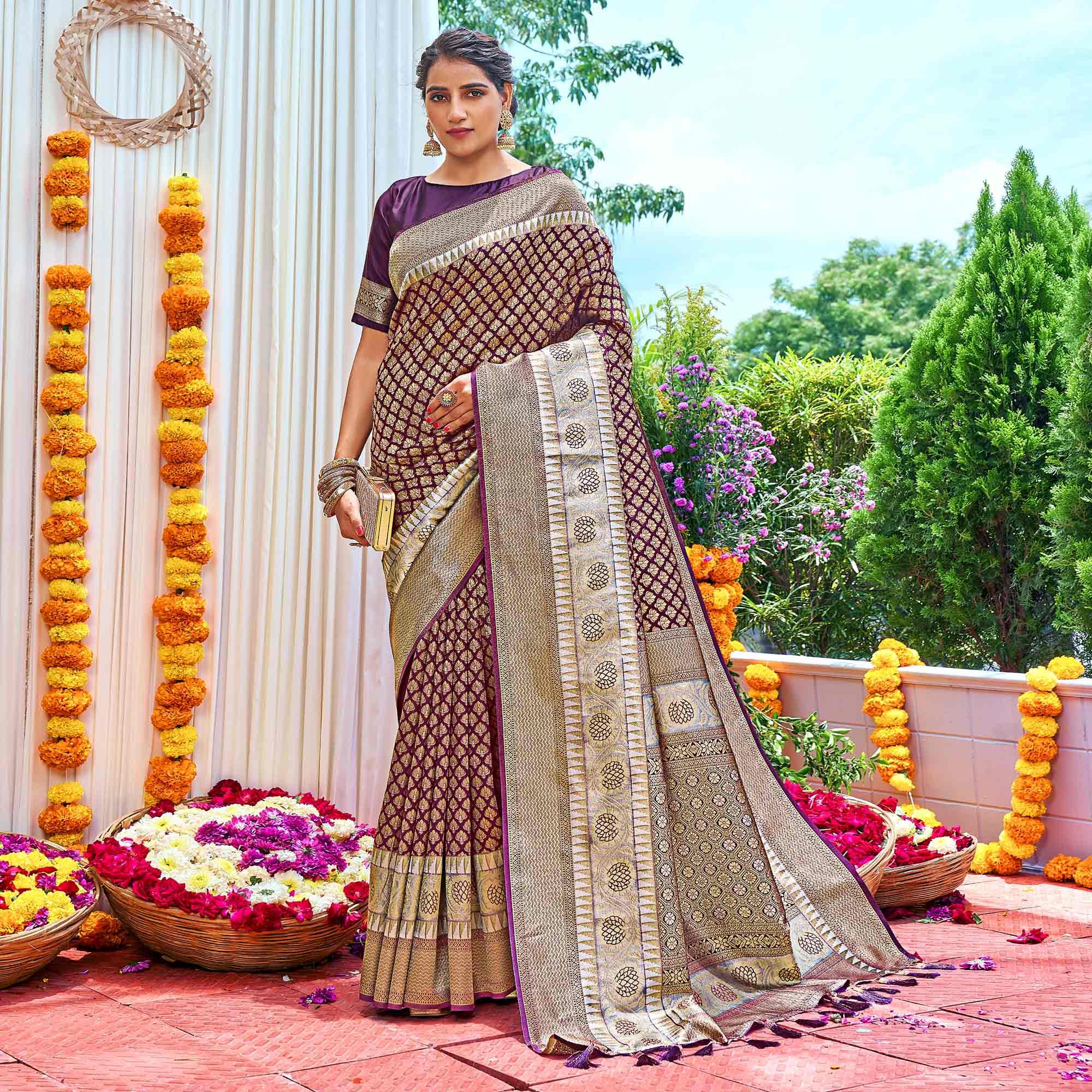 Purple Woven Art Silk Saree With Tassels - Peachmode