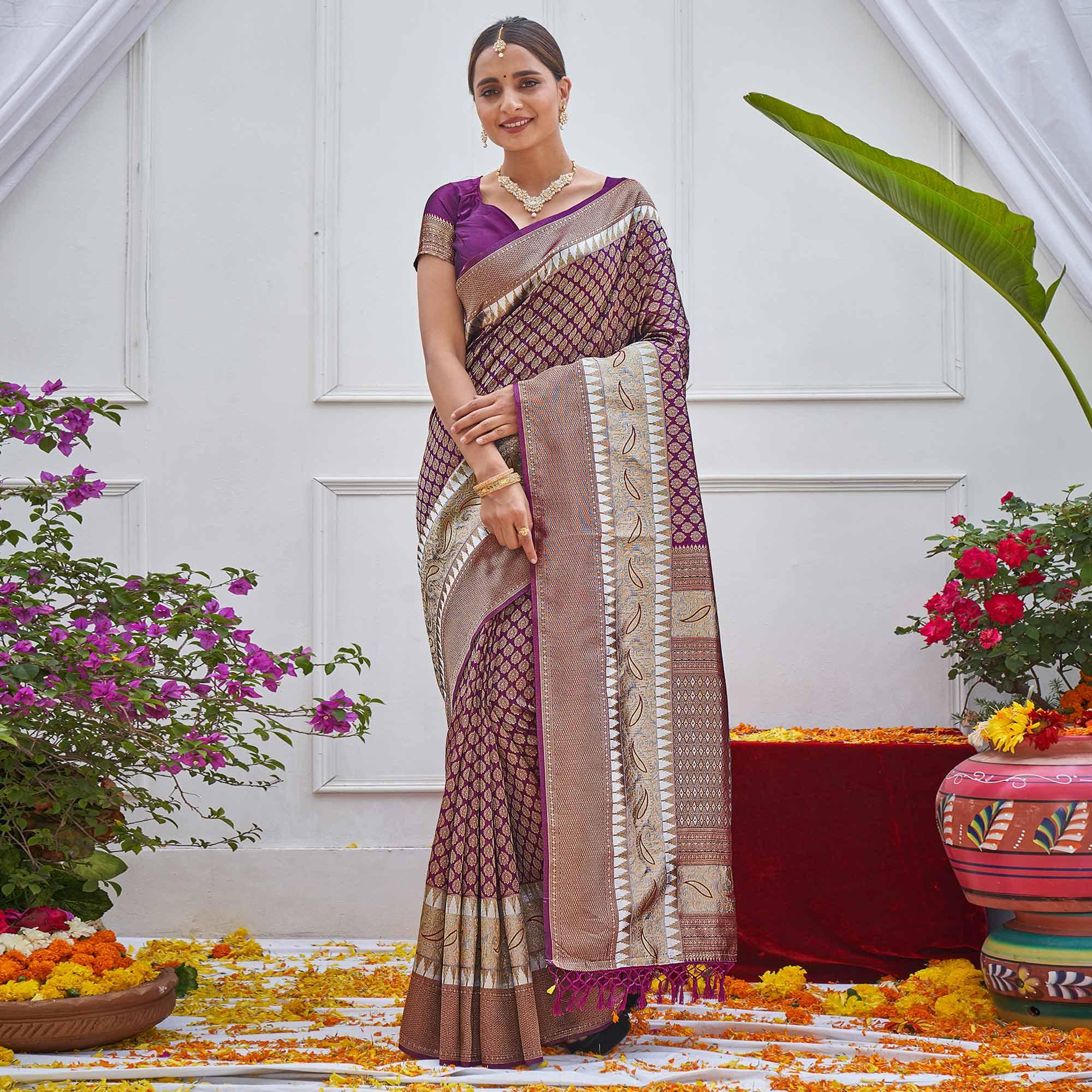 Purple Woven Art Silk Saree With Tassels - Peachmode