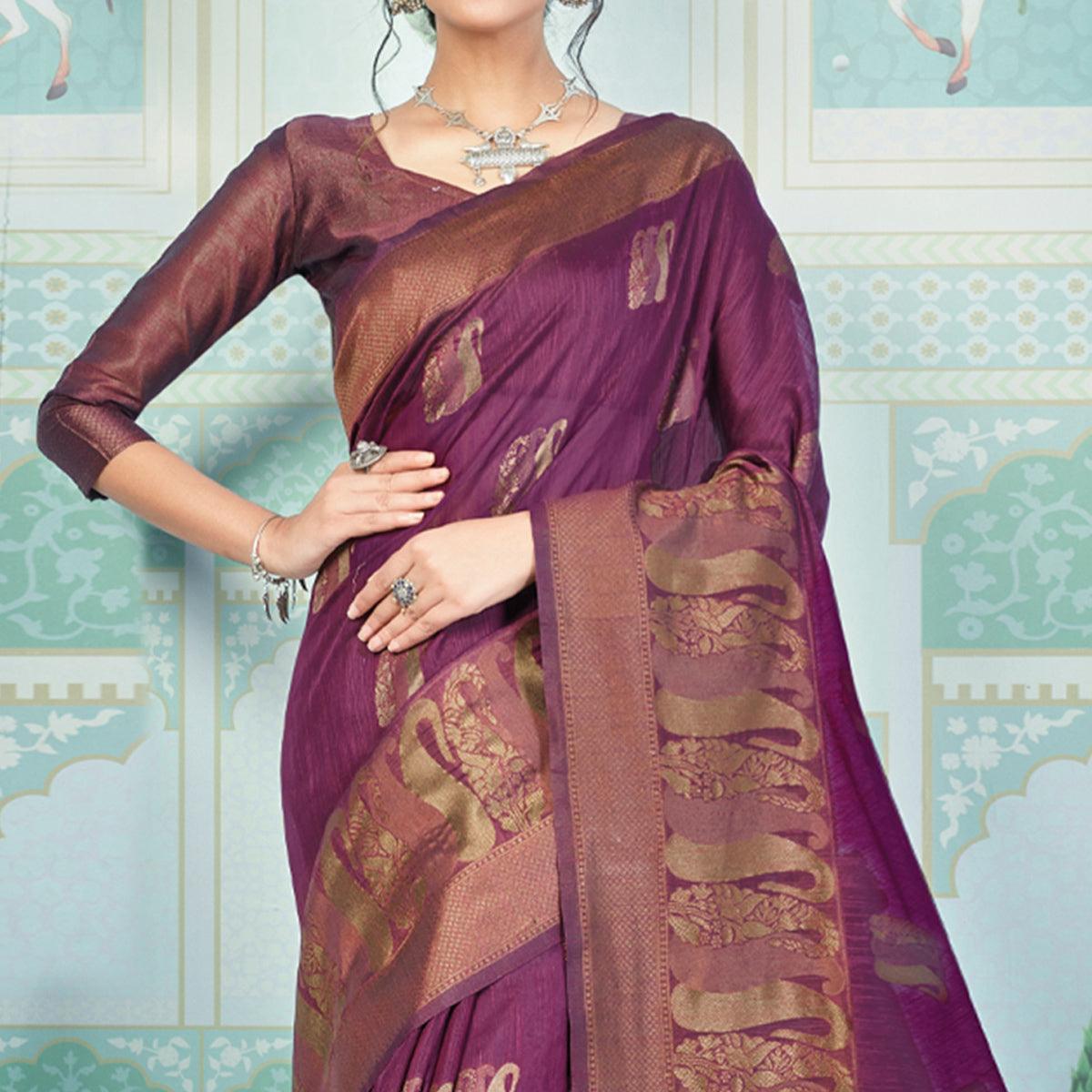 Purple Woven Art Silk Saree With Tassels - Peachmode
