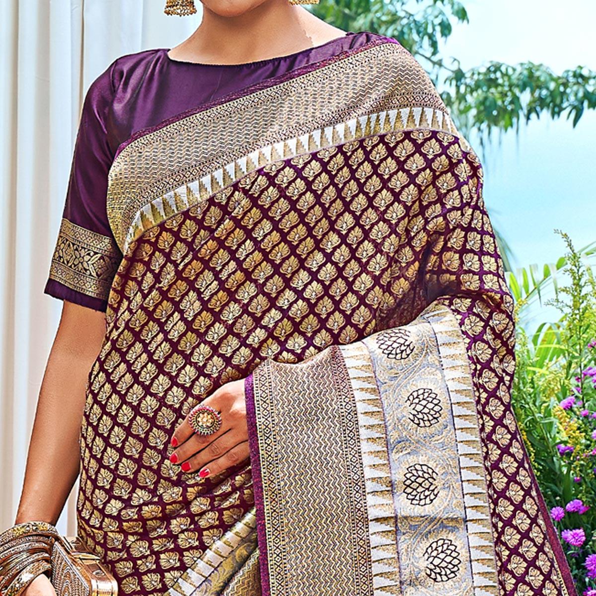 Purple Woven Art Silk Saree With Tassels - Peachmode