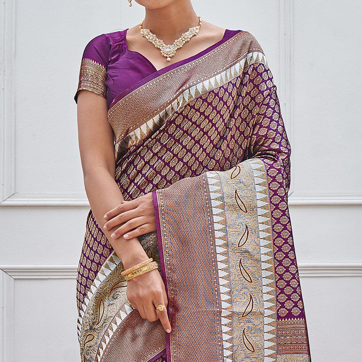 Purple Woven Art Silk Saree With Tassels - Peachmode