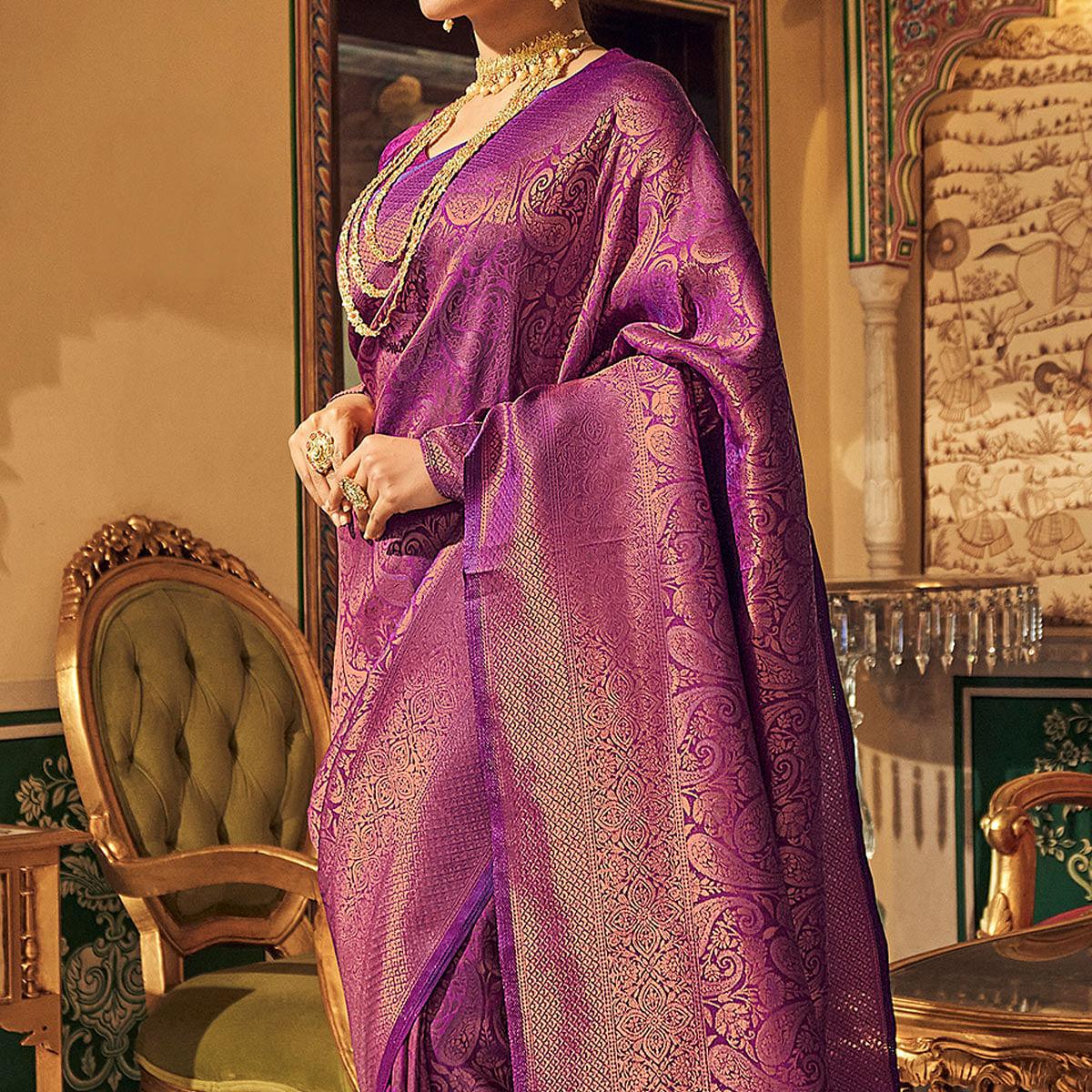 Purple Woven Art Silk Saree With Tassels - Peachmode