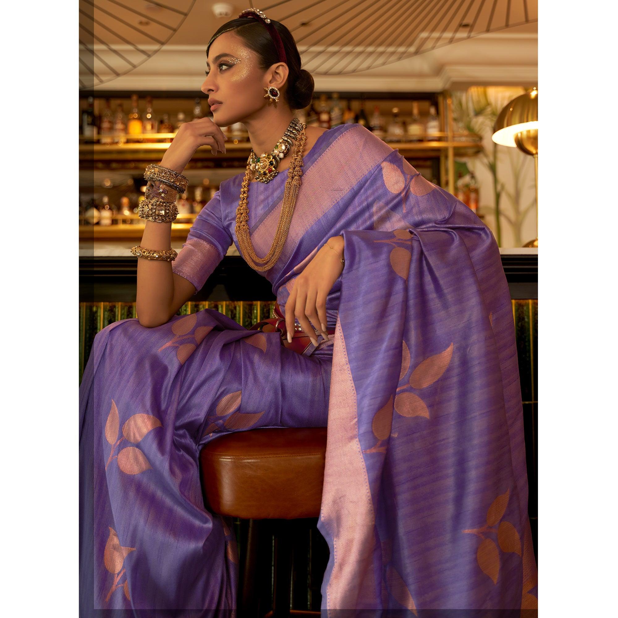 Purple Woven Art Silk Saree With Tassels - Peachmode