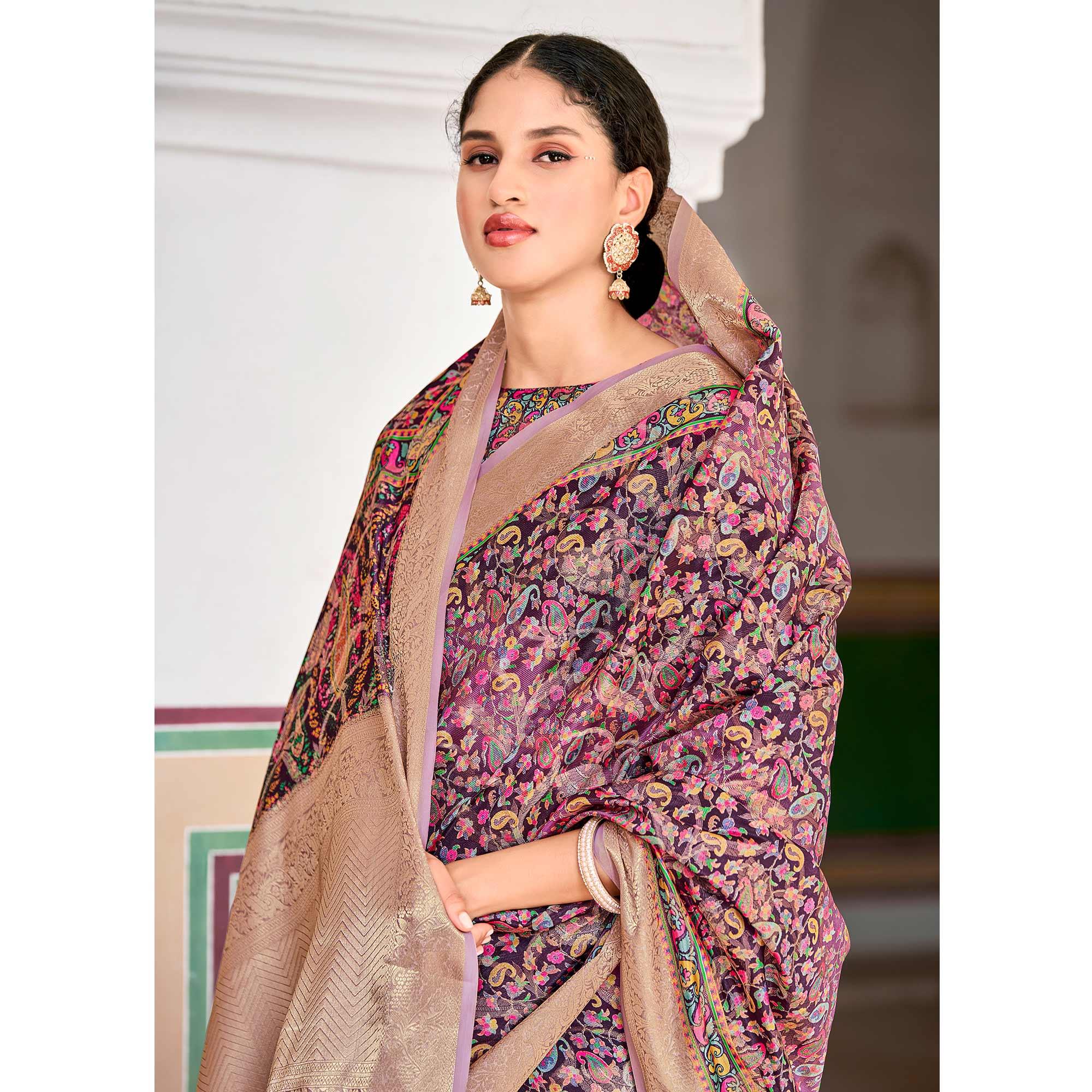 Purple Woven Art Silk Saree With Tassels - Peachmode