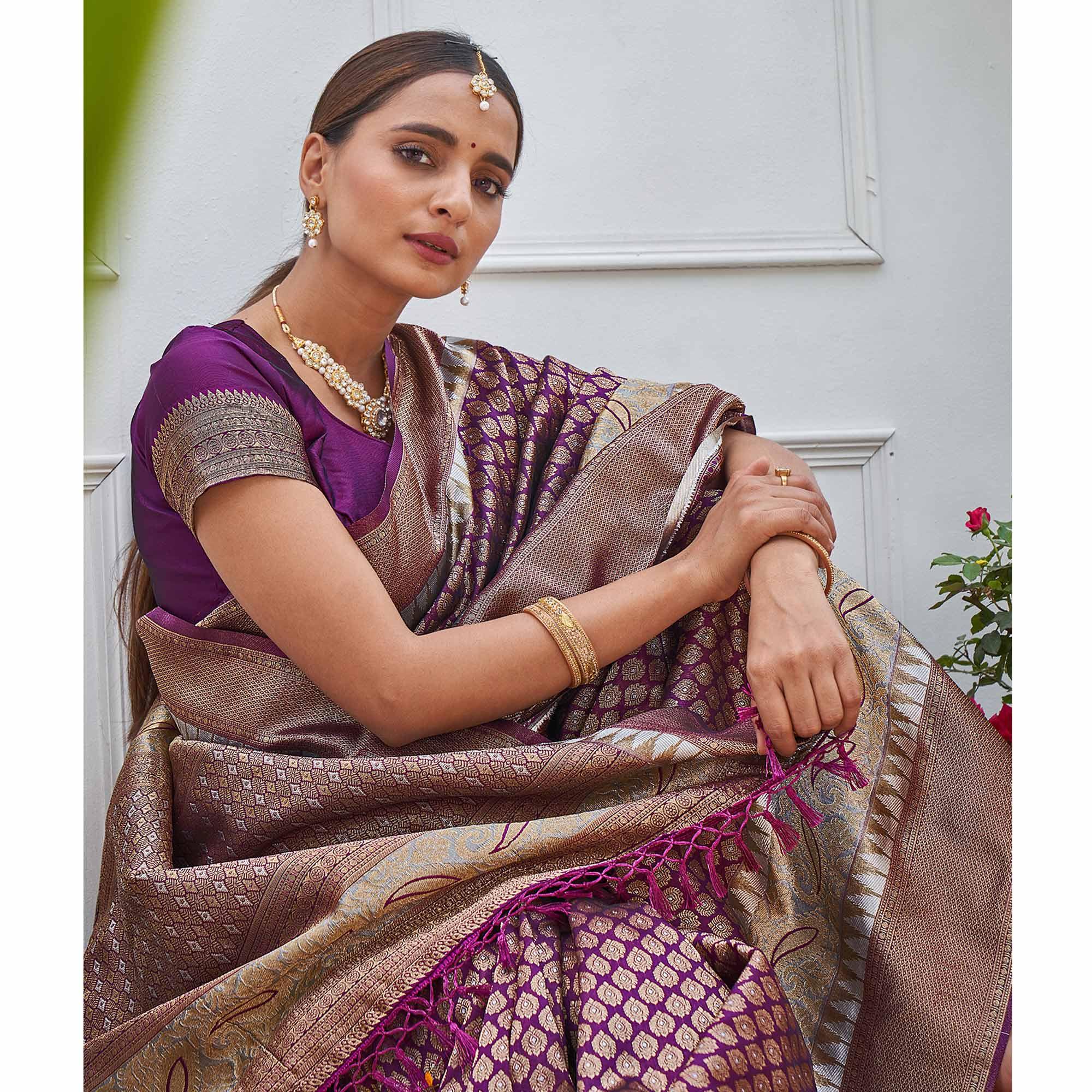 Purple Woven Art Silk Saree With Tassels - Peachmode