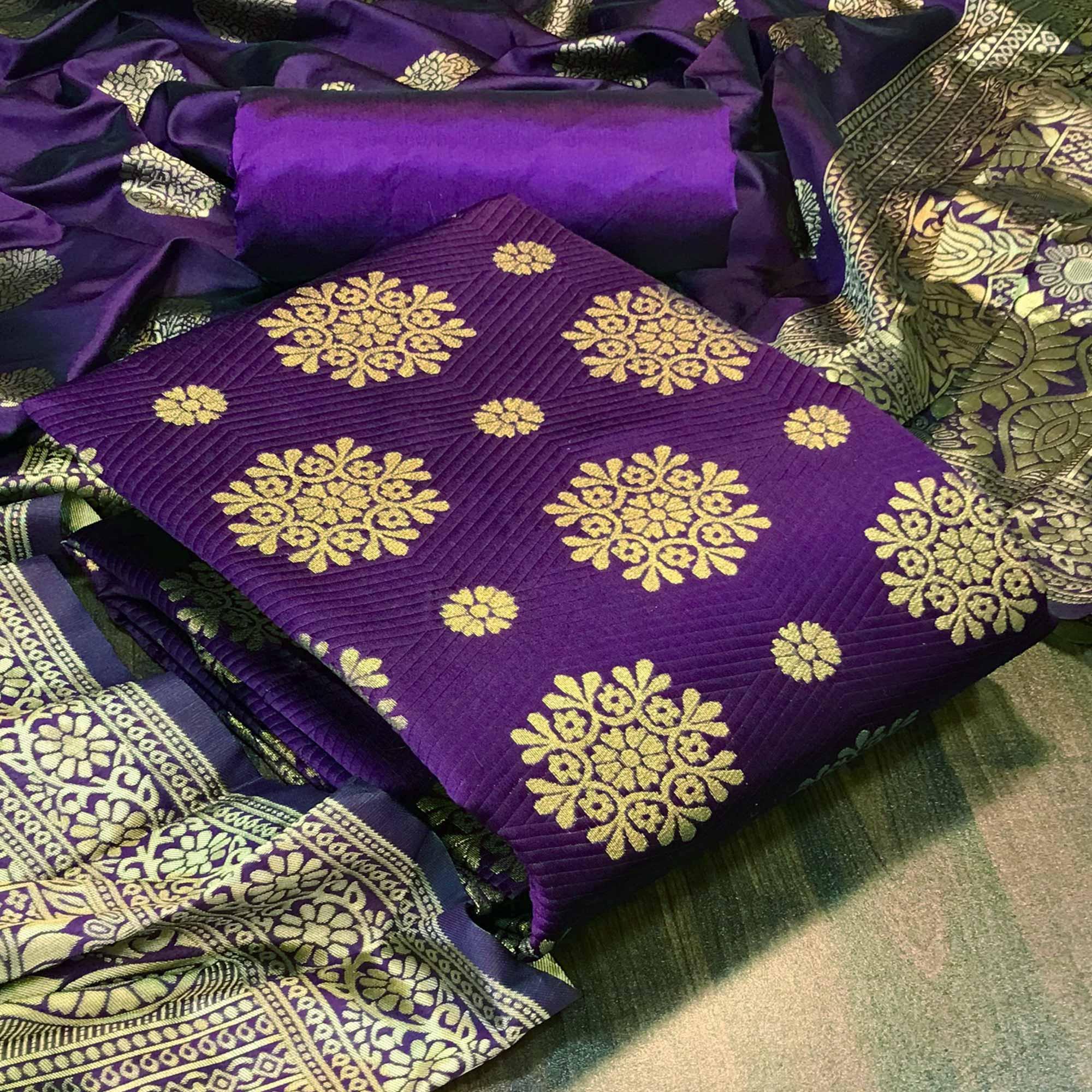 Purple Woven Banarasi Silk Dress Material - Peachmode