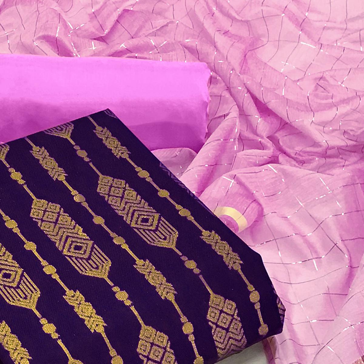 Purple Woven Banarasi Silk Dress Material - Peachmode