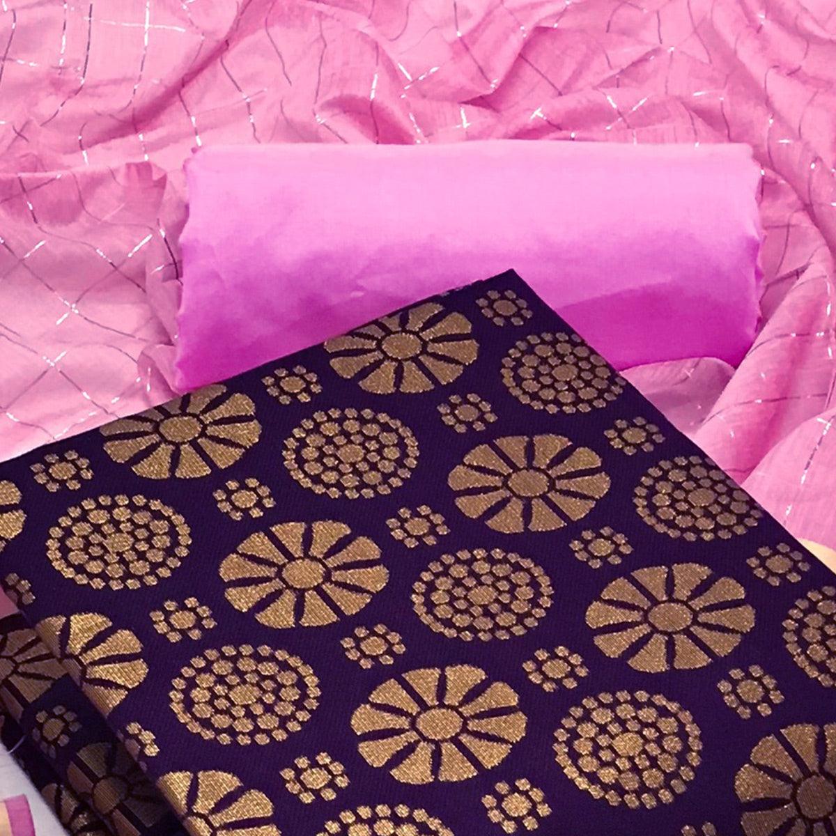 Purple Woven Banarasi Silk Dress Material - Peachmode