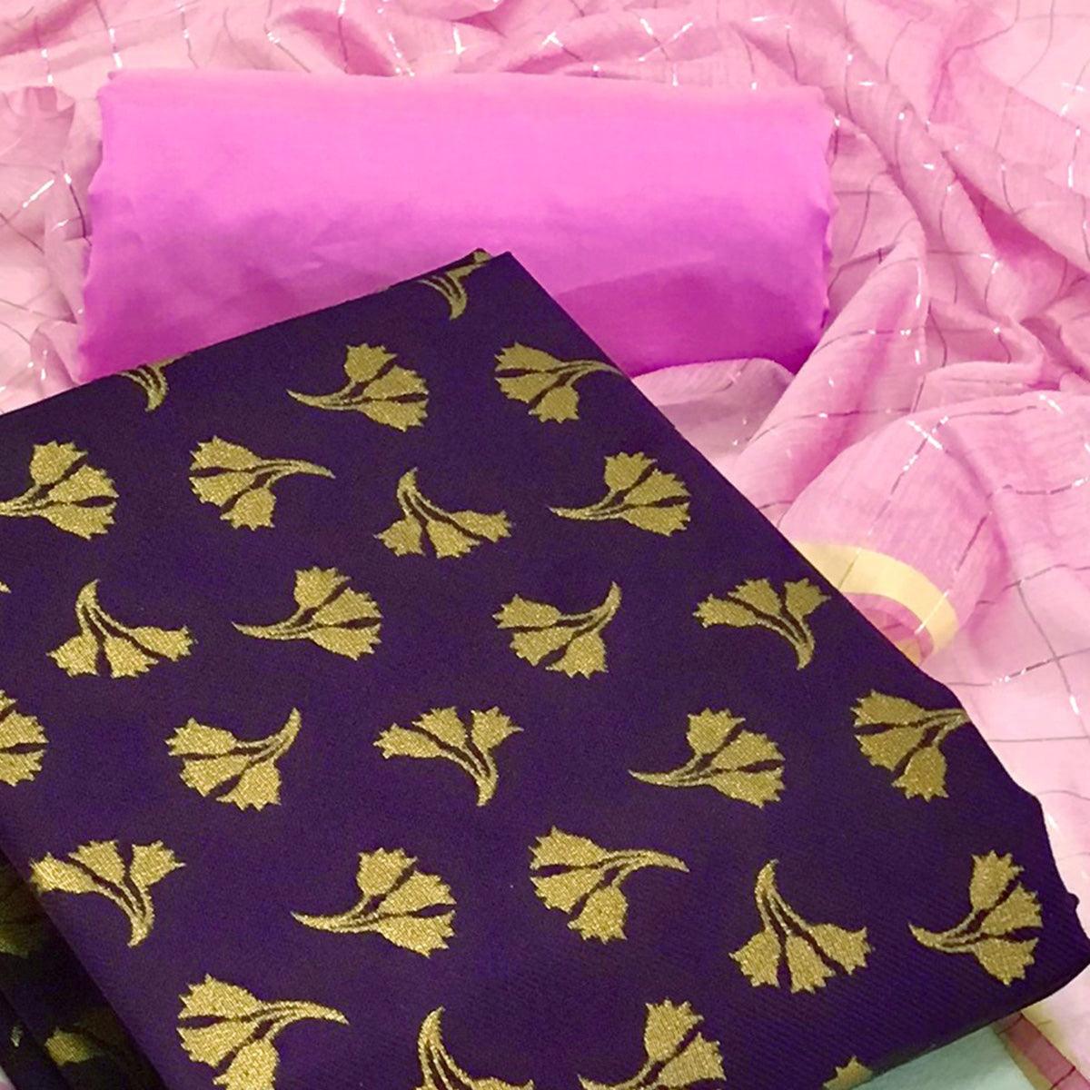 Purple Woven Banarasi Silk Dress Material - Peachmode