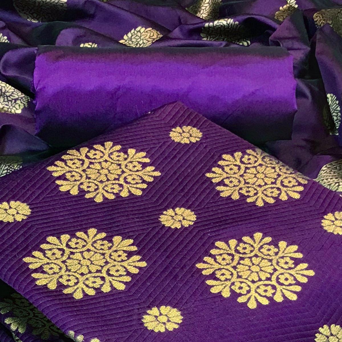 Purple Woven Banarasi Silk Dress Material - Peachmode