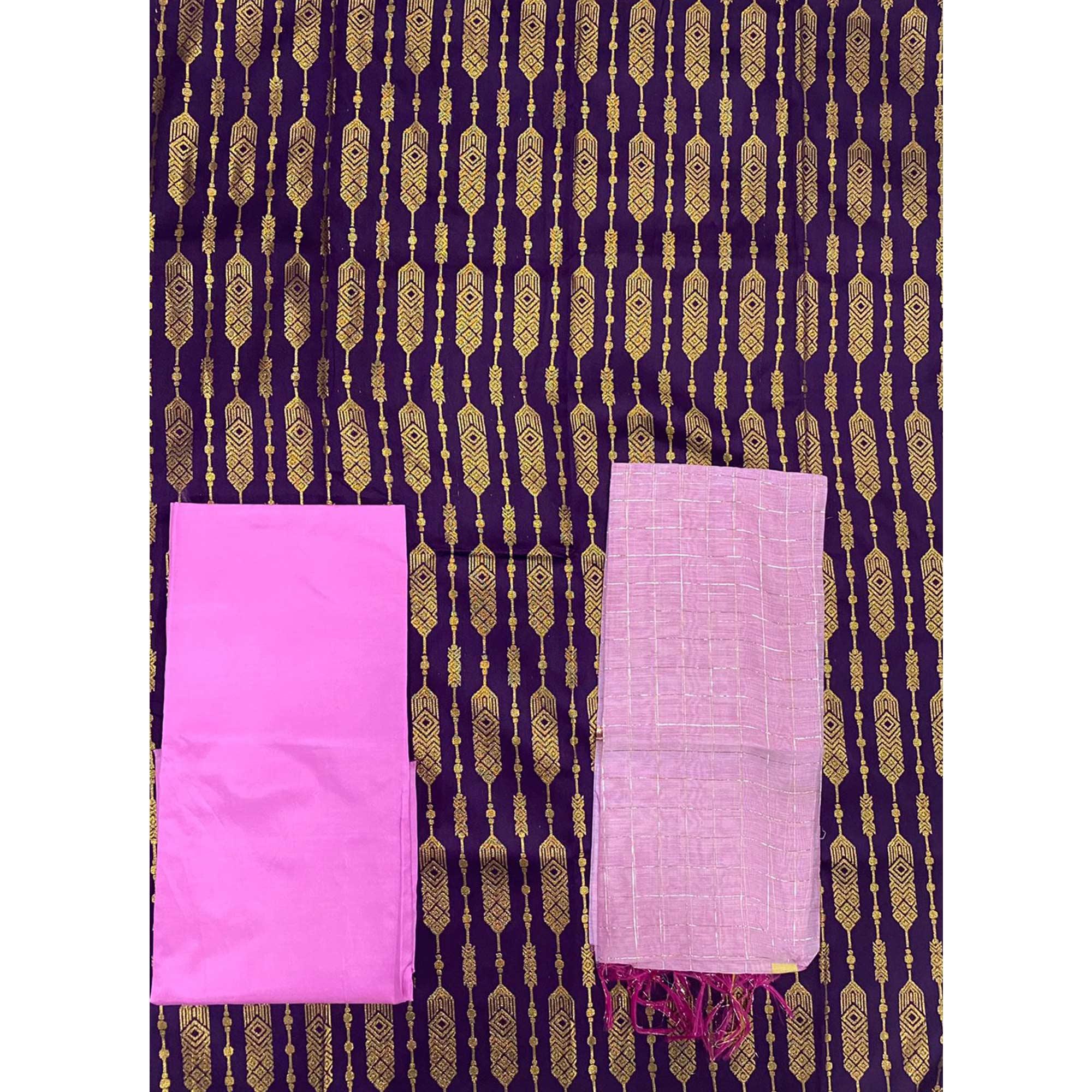 Purple Woven Banarasi Silk Dress Material - Peachmode
